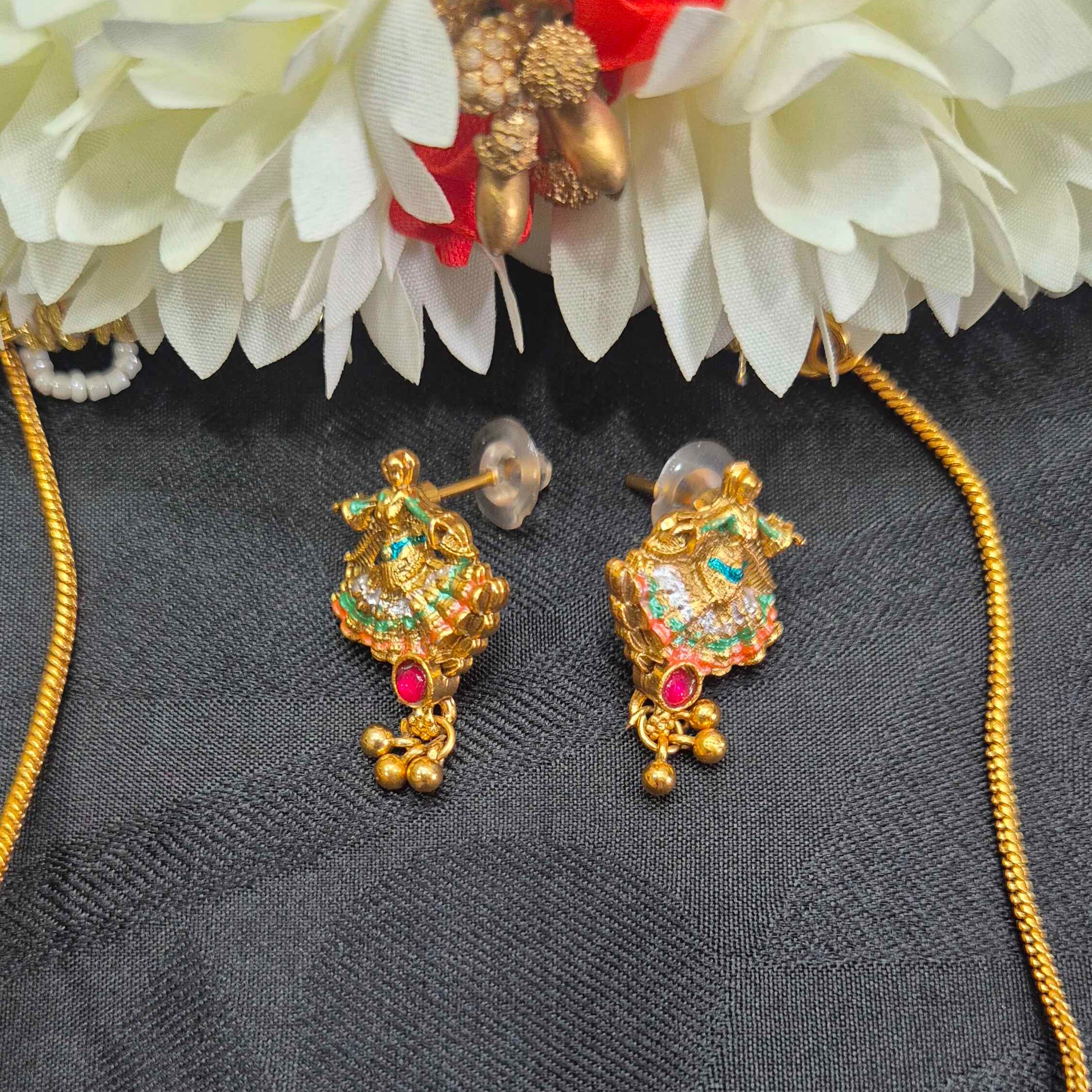 Antique Gold Finish Dancing Lady Pendant Necklace Set with Ruby & Emerald Stone Accents