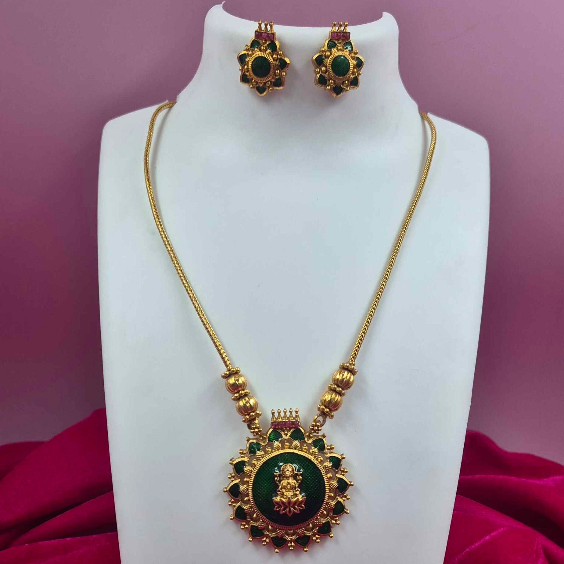 Antique Gold Finish Lakshmi Pendant Palaikka Necklace Set with Green Stone Floral Design | Traditional Temple Jewelry