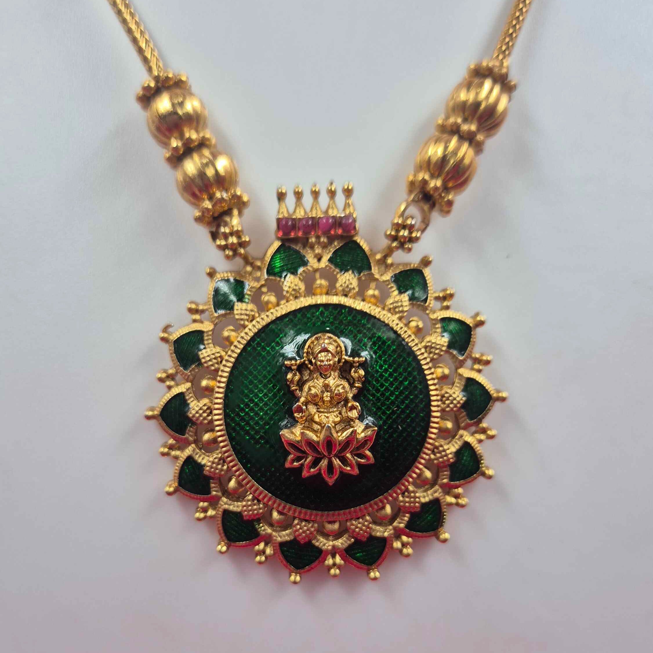 Antique Gold Finish Lakshmi Pendant Palaikka Necklace Set with Green Stone Floral Design | Traditional Temple Jewelry