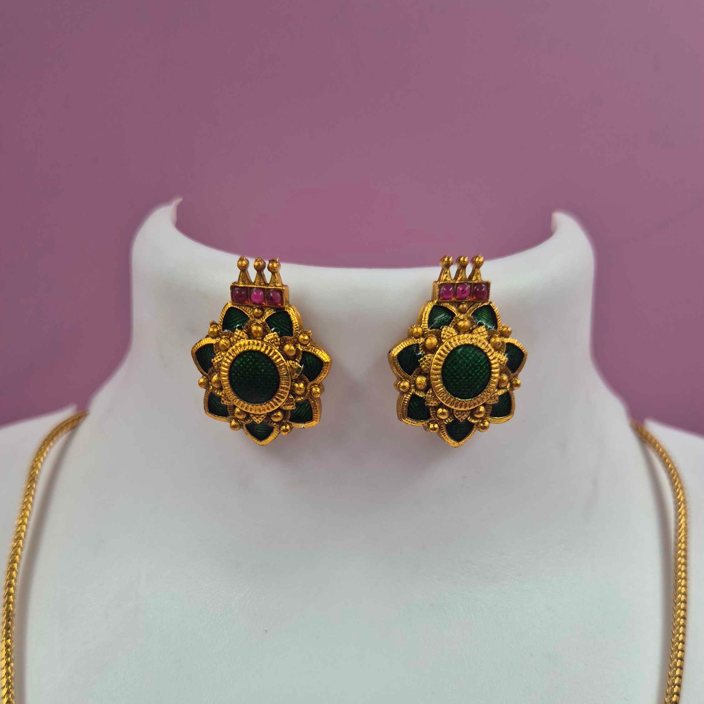 Antique Gold Finish Lakshmi Pendant Palaikka Necklace Set with Green Stone Floral Design | Traditional Temple Jewelry