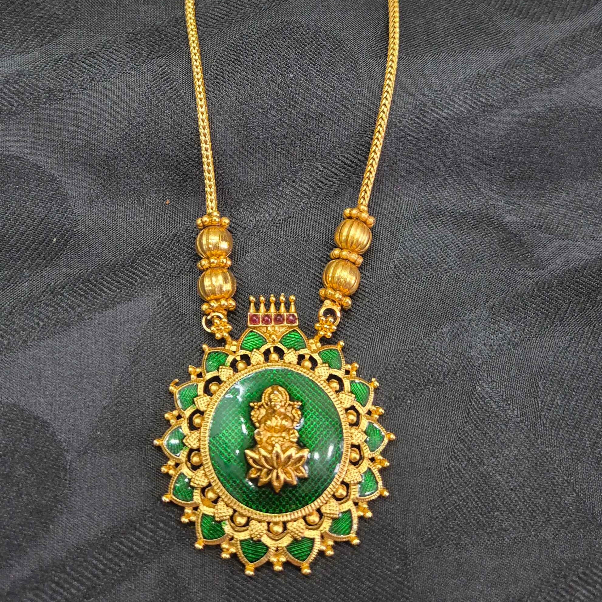 Antique Gold Finish Lakshmi Pendant Palaikka Necklace Set with Green Stone Floral Design | Traditional Temple Jewelry