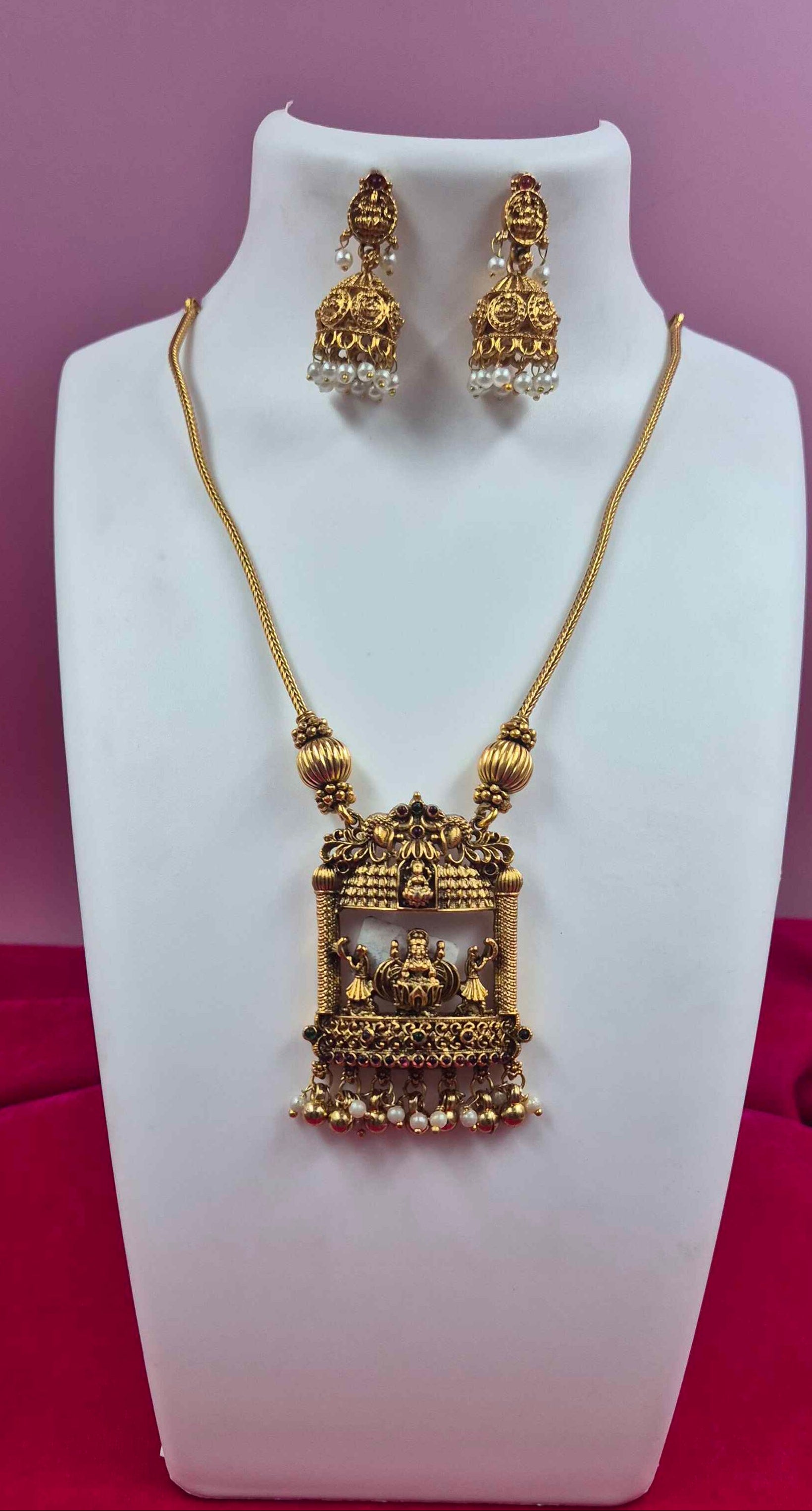 Antique Gold Finish Temple Pendant Necklace Set with Pearl Danglers | Traditional South Indian Jewelry