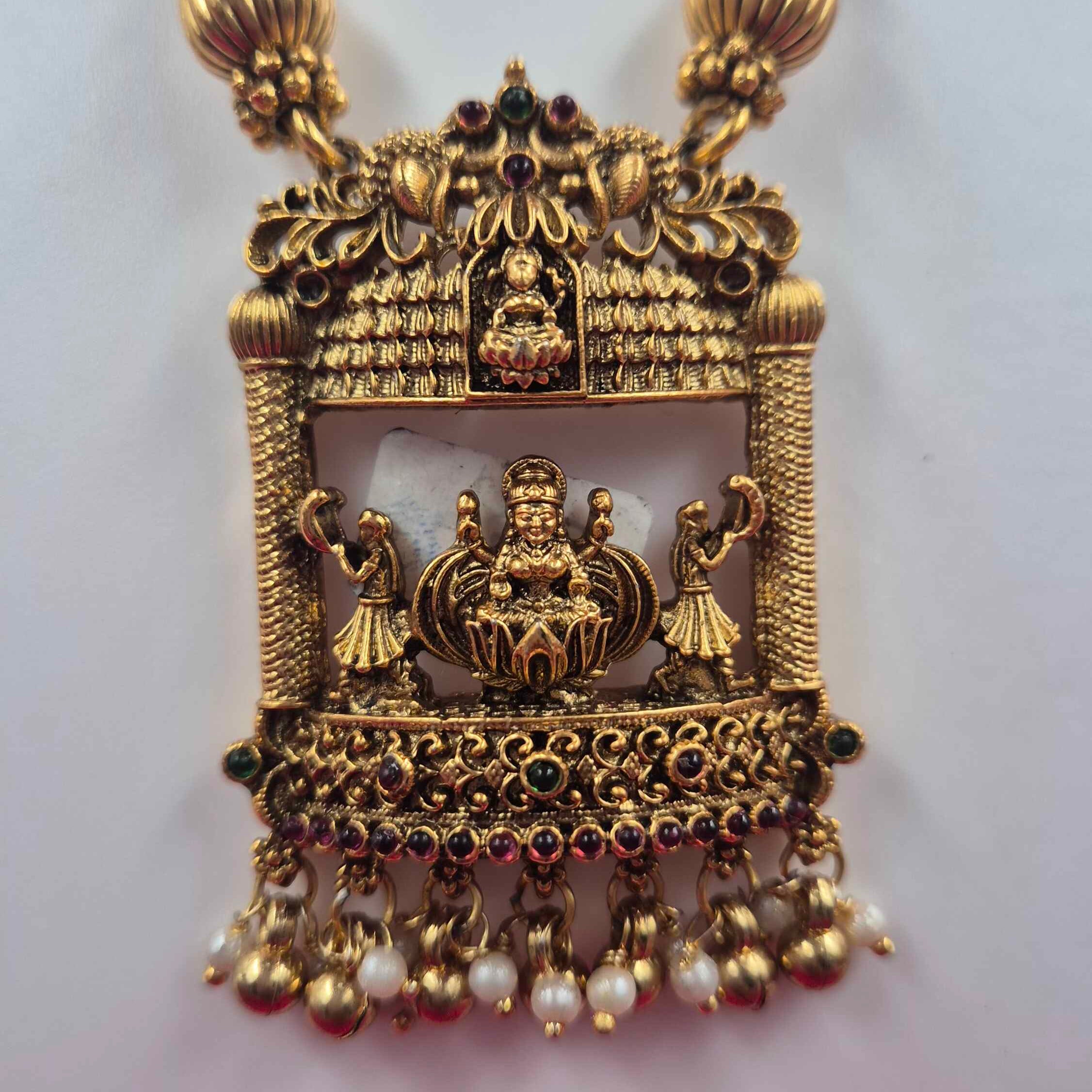 Antique Gold Finish Temple Pendant Necklace Set with Pearl Danglers | Traditional South Indian Jewelry