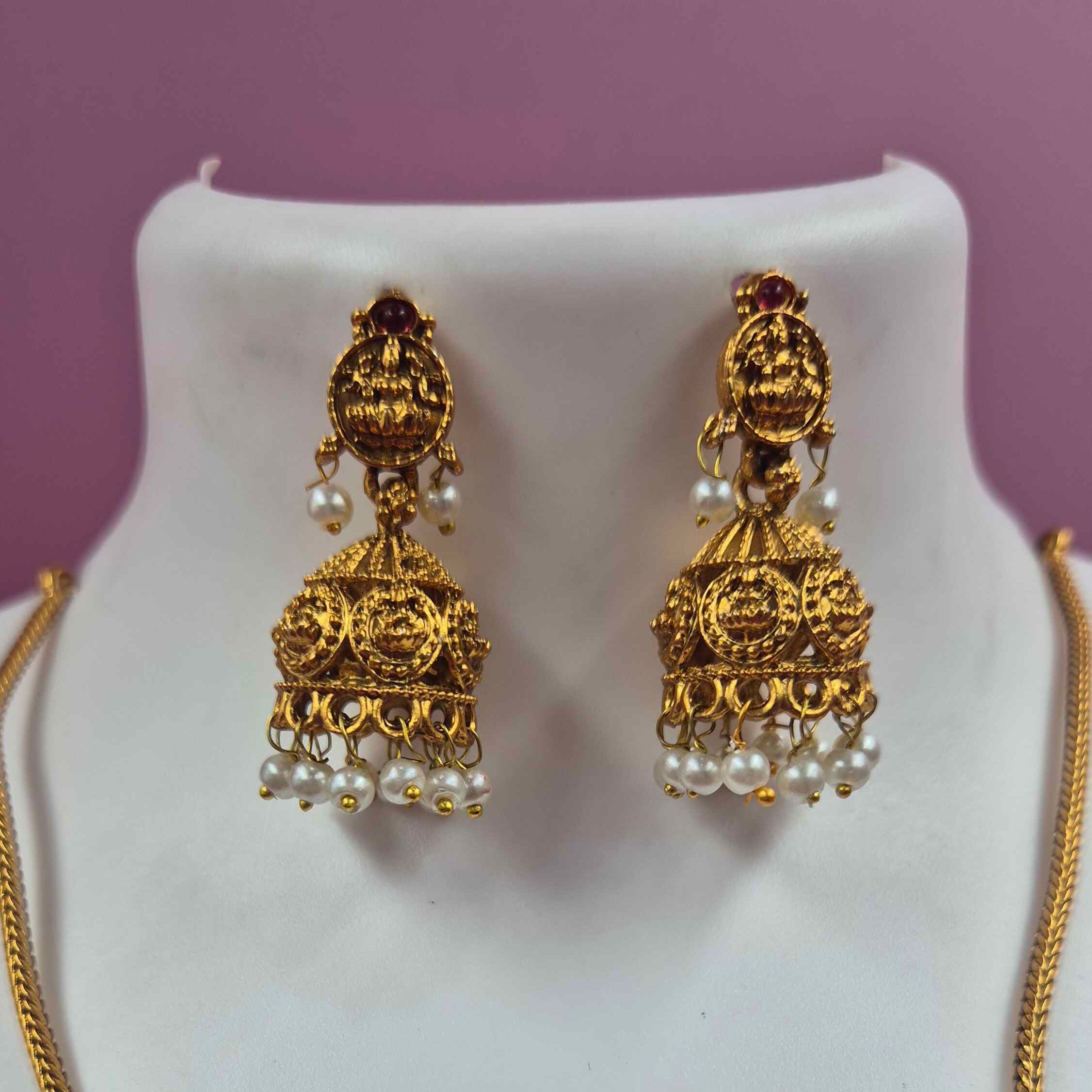 Antique Gold Finish Temple Pendant Necklace Set with Pearl Danglers | Traditional South Indian Jewelry