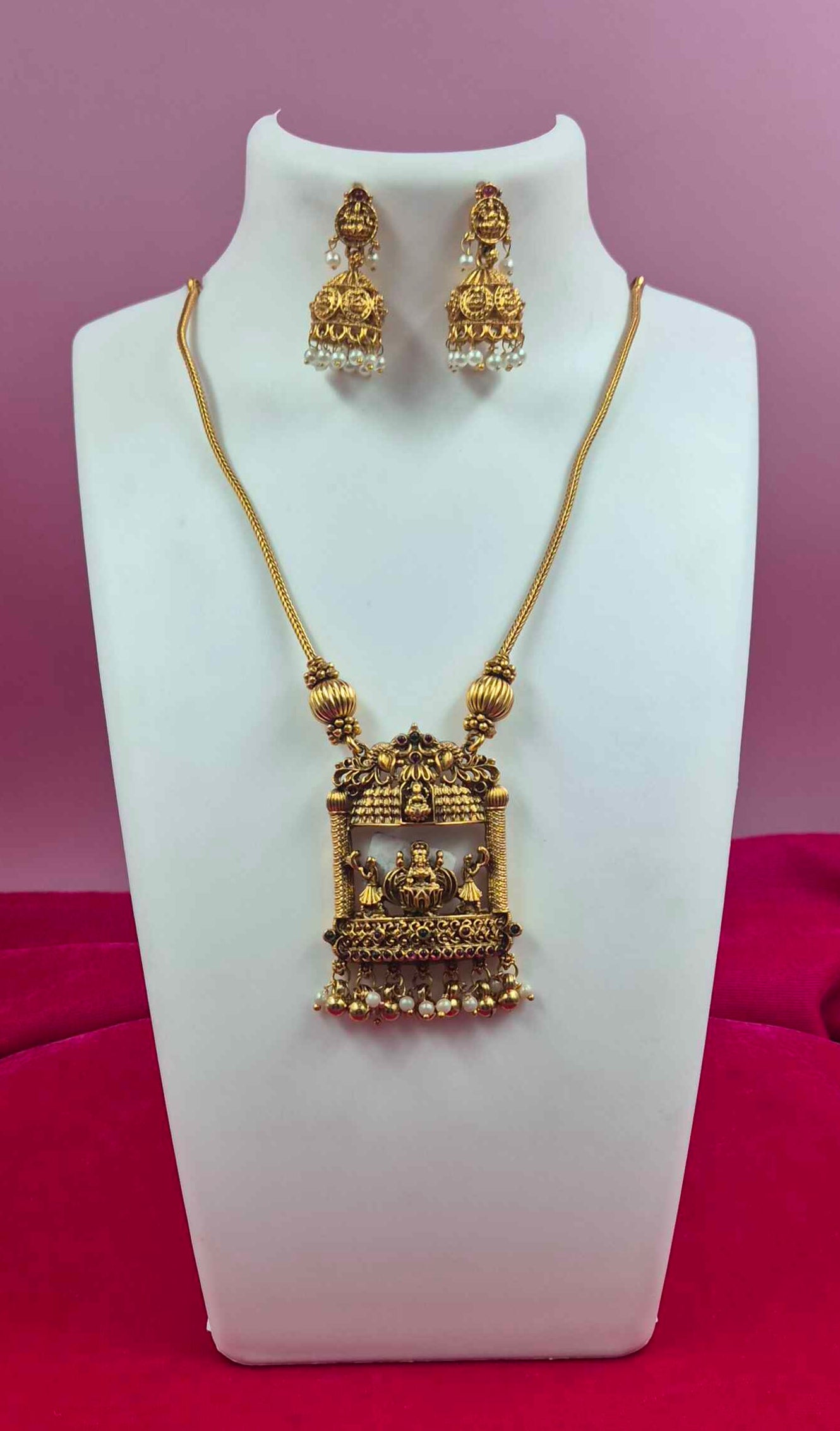 Antique Gold Finish Temple Pendant Necklace Set with Pearl Danglers | Traditional South Indian Jewelry