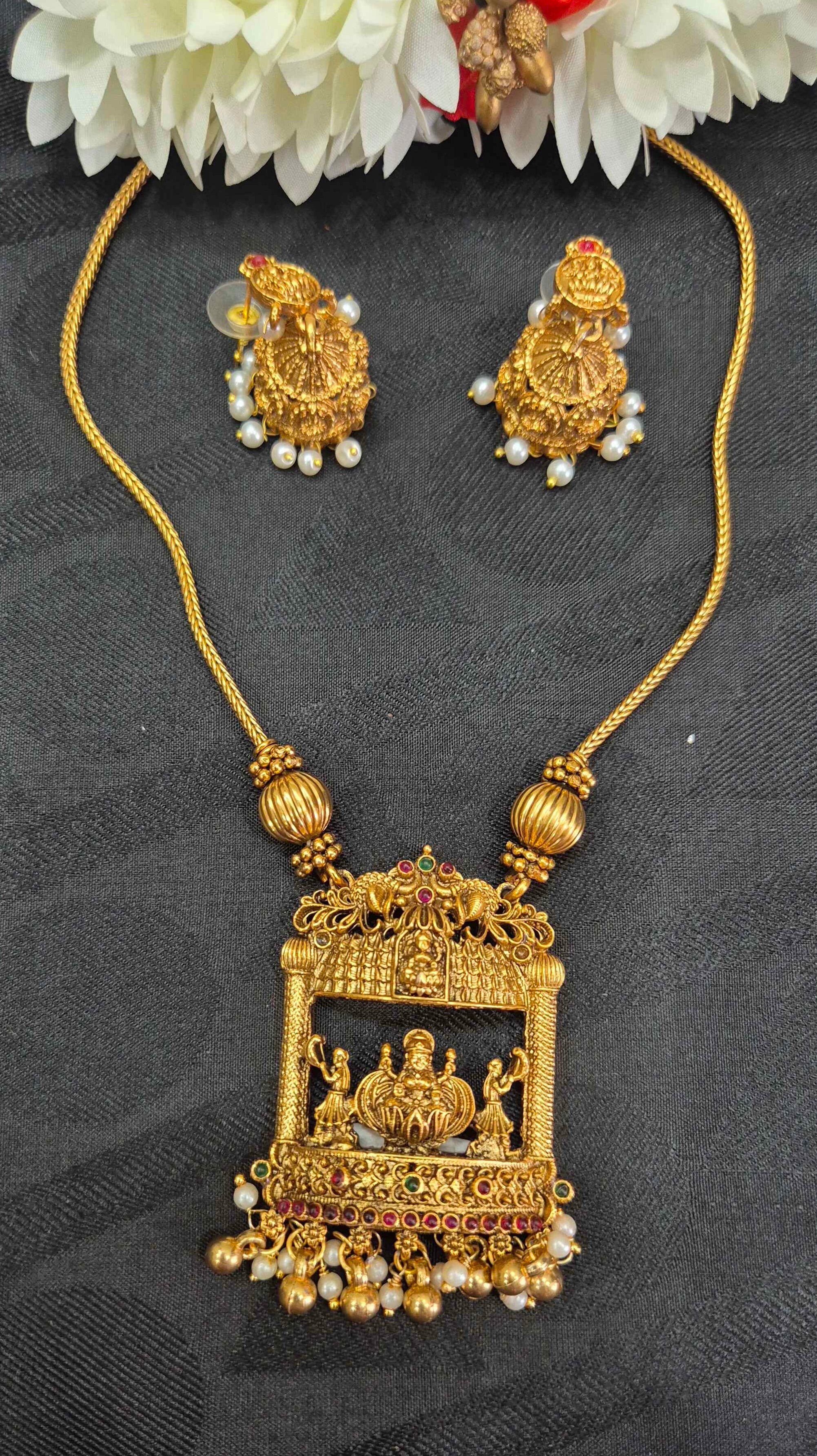 Antique Gold Finish Temple Pendant Necklace Set with Pearl Danglers | Traditional South Indian Jewelry