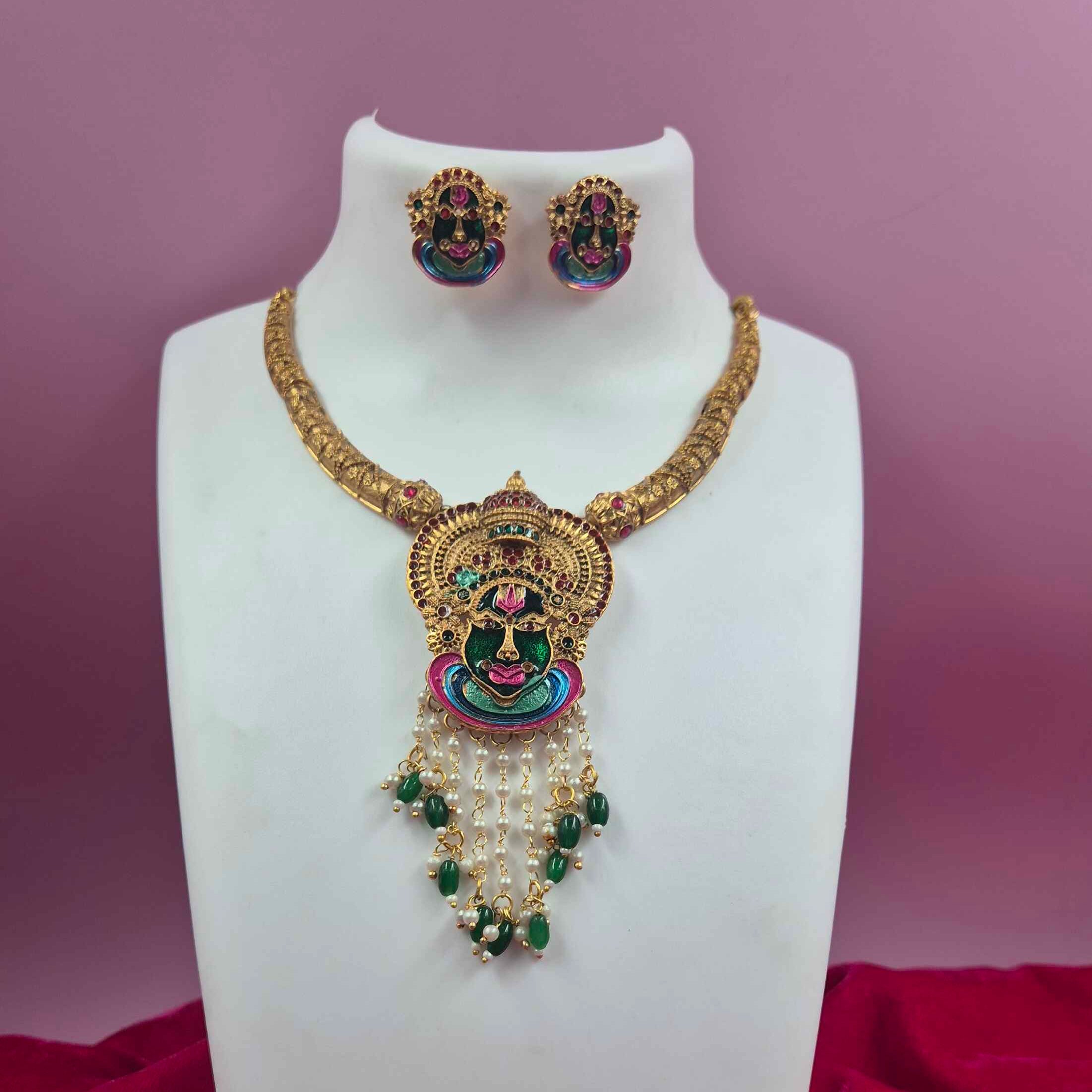 Antique Gold Finish Kathakali Face Choker hasli type Necklace Set with Green Bead Drops | Kerala Traditional Jewelry