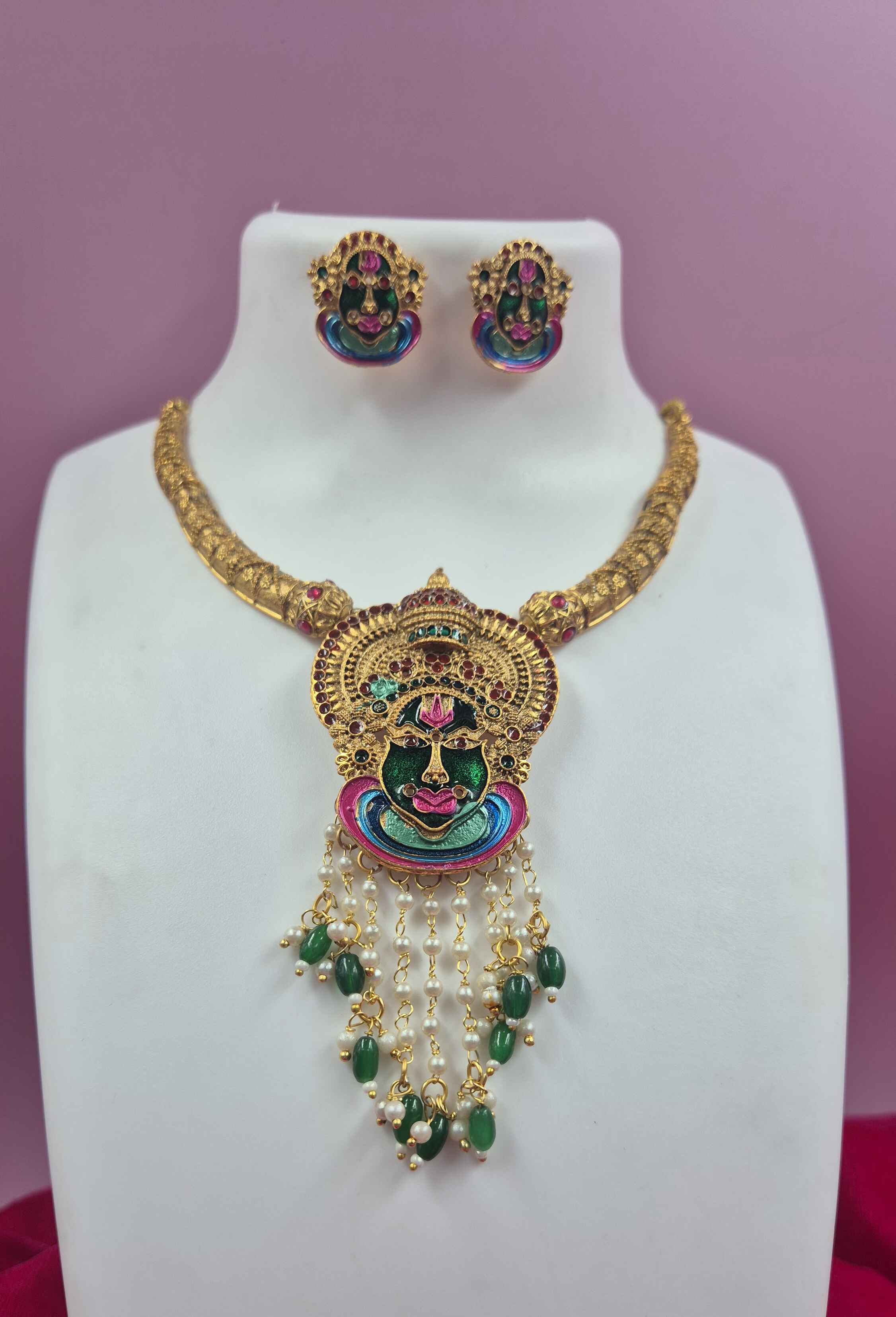 Antique Gold Finish Kathakali Face Choker hasli type Necklace Set with Green Bead Drops | Kerala Traditional Jewelry