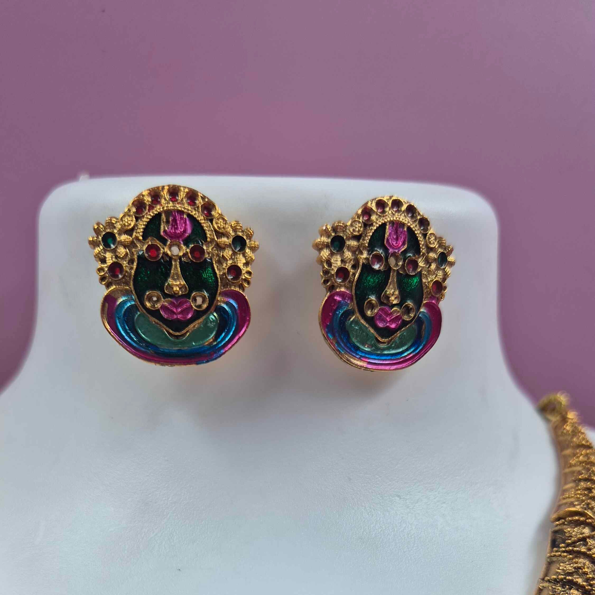 Antique Gold Finish Kathakali Face Choker hasli type Necklace Set with Green Bead Drops | Kerala Traditional Jewelry