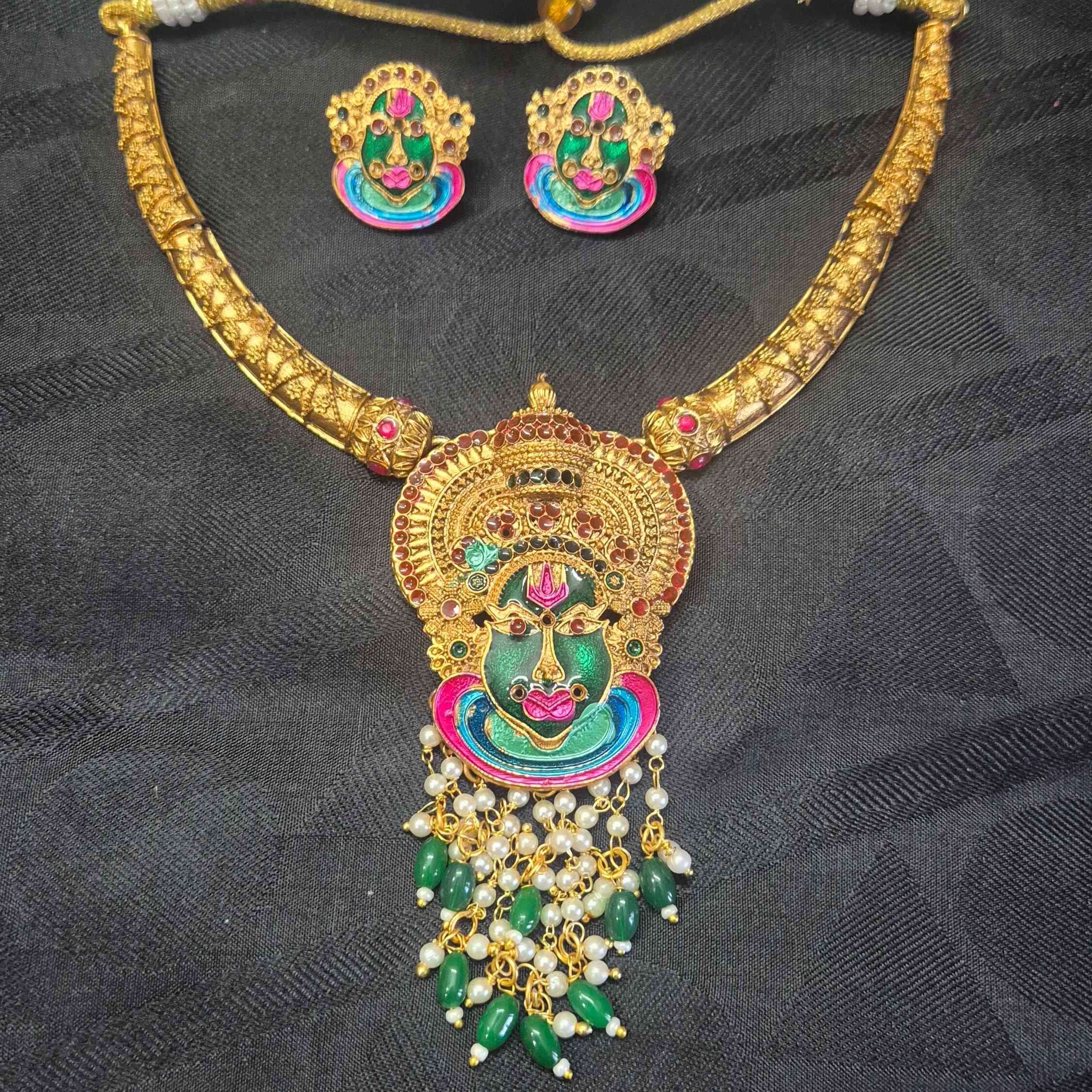 Antique Gold Finish Kathakali Face Choker hasli type Necklace Set with Green Bead Drops | Kerala Traditional Jewelry