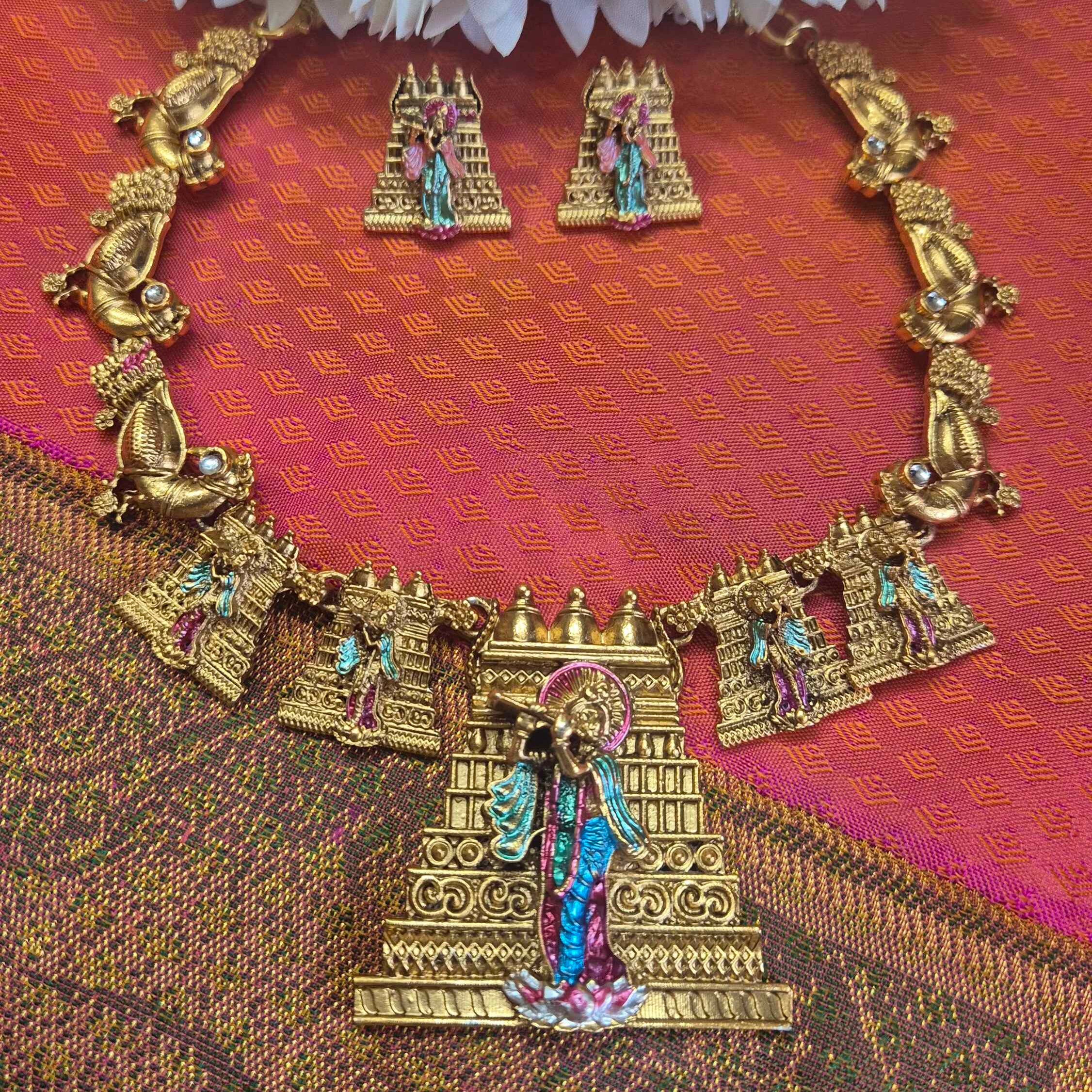 Antique Gold Finish Temple Necklace Set with Divine Krishna pendant | Traditional South Indian Jewelry