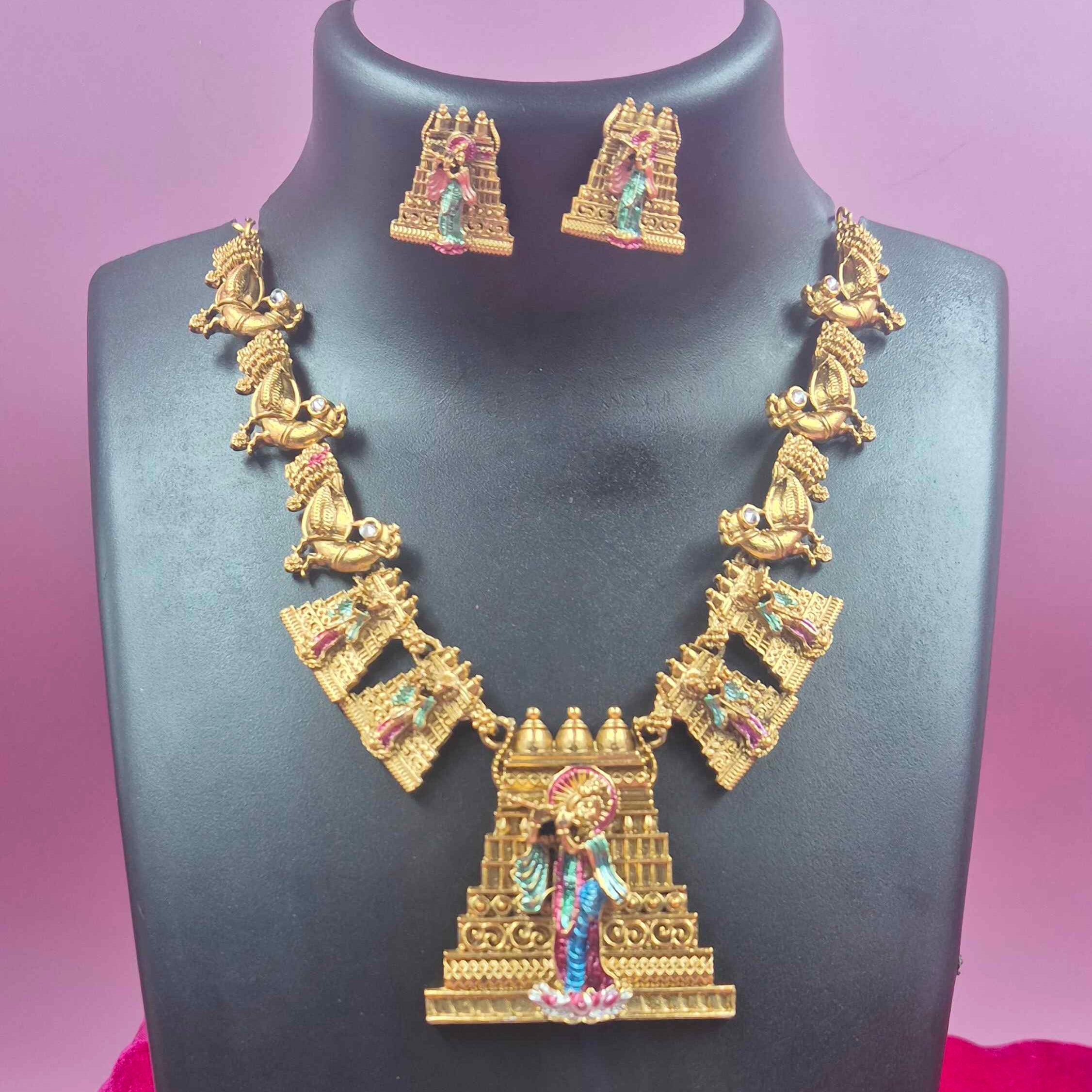 Antique Gold Finish Temple Necklace Set with Divine Krishna pendant | Traditional South Indian Jewelry