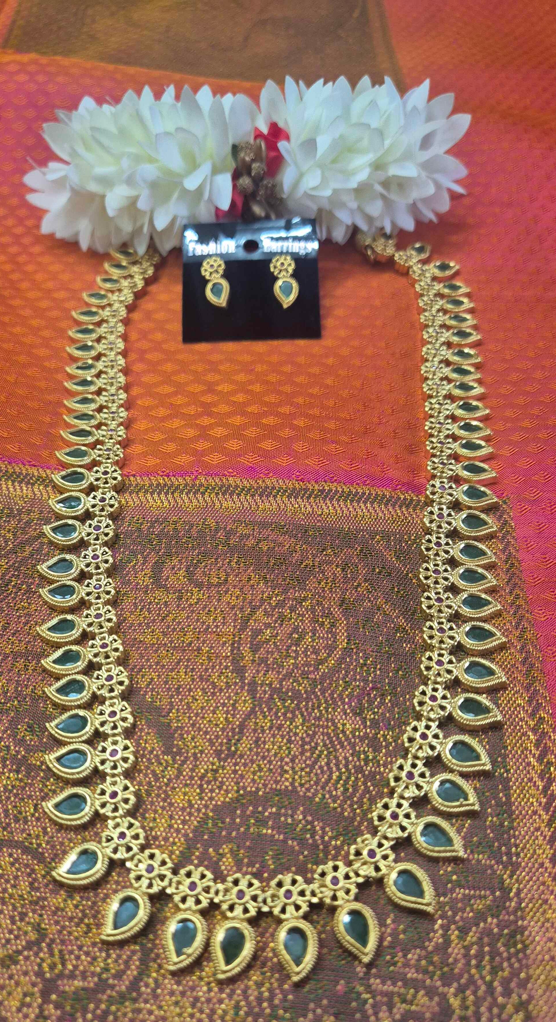 Gold Finish Green mango Long haram Set | Traditional Ethnic Jewelry
