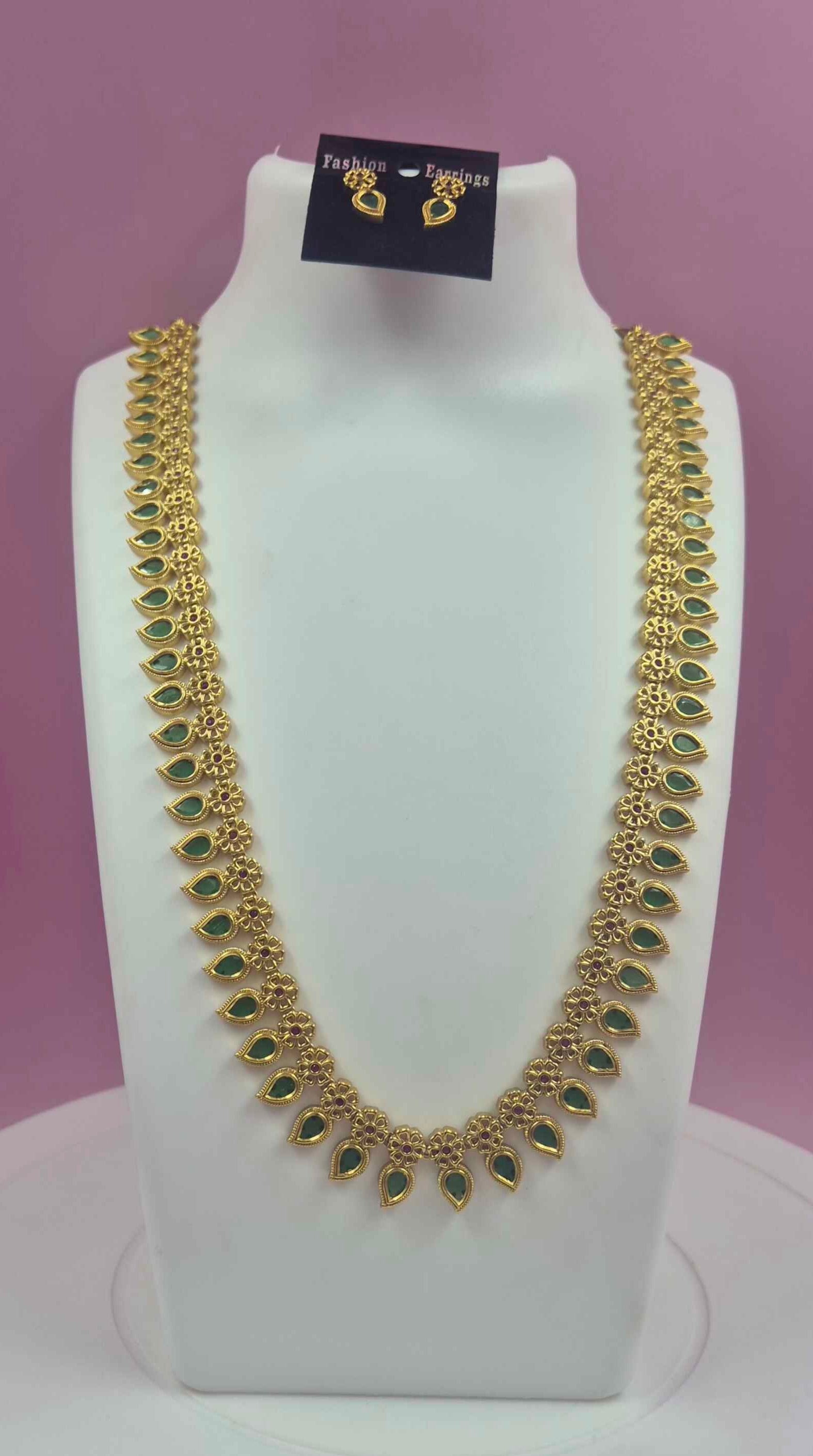 Gold Finish Green mango Long haram Set | Traditional Ethnic Jewelry
