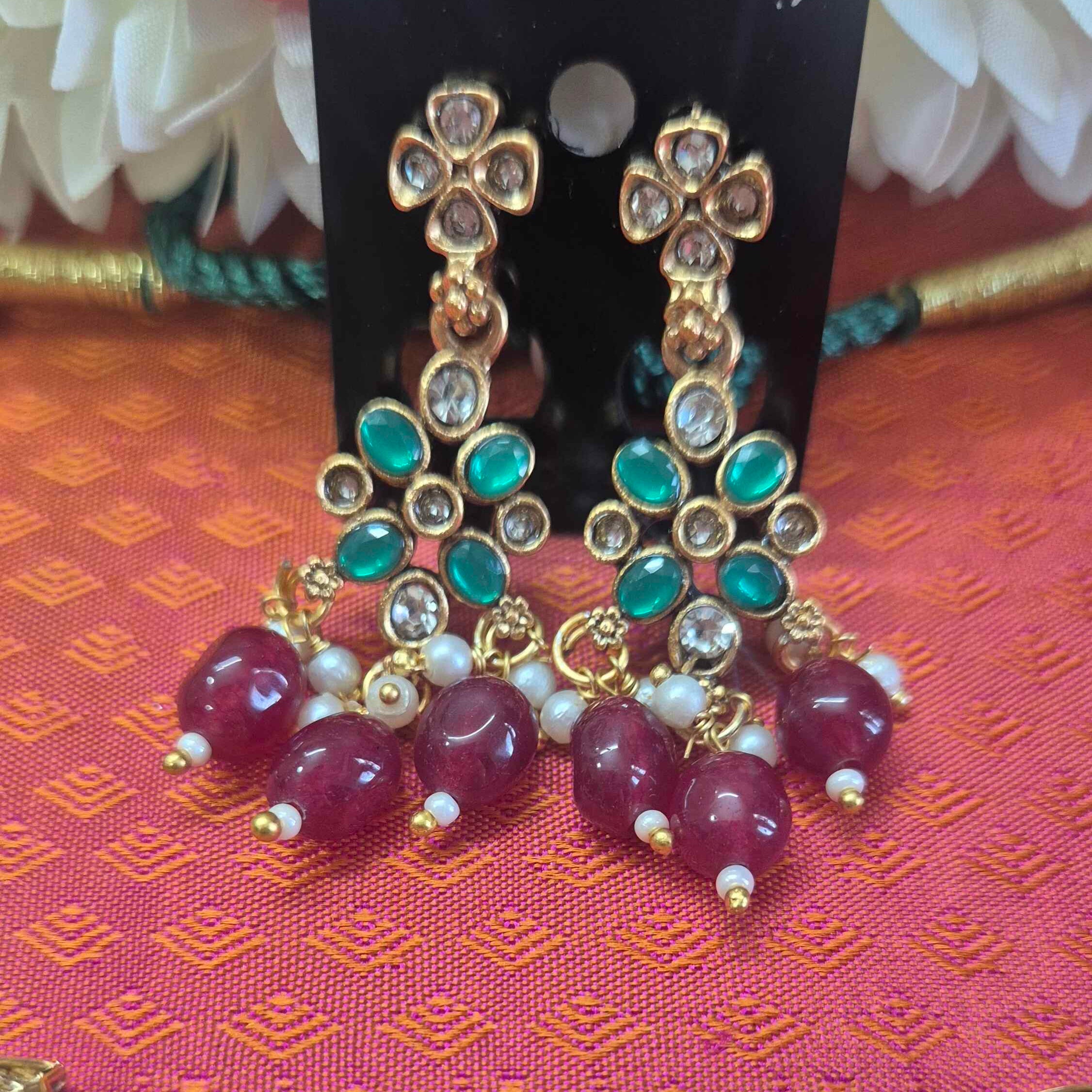 Gold Finish elephant Choker Necklace Set with Ruby Beads, Emerald Stones & Pearl Drops