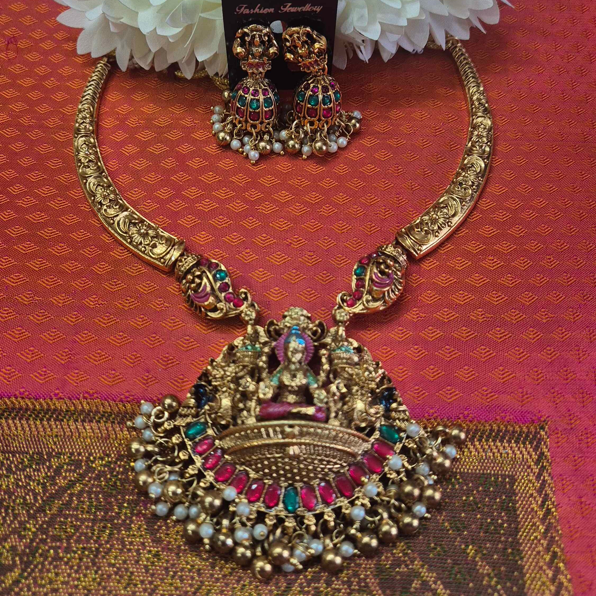 Antique Lakshmi Temple hasli Necklace Set with Ruby Emerald Stones & Pearl Jhumka Earrings