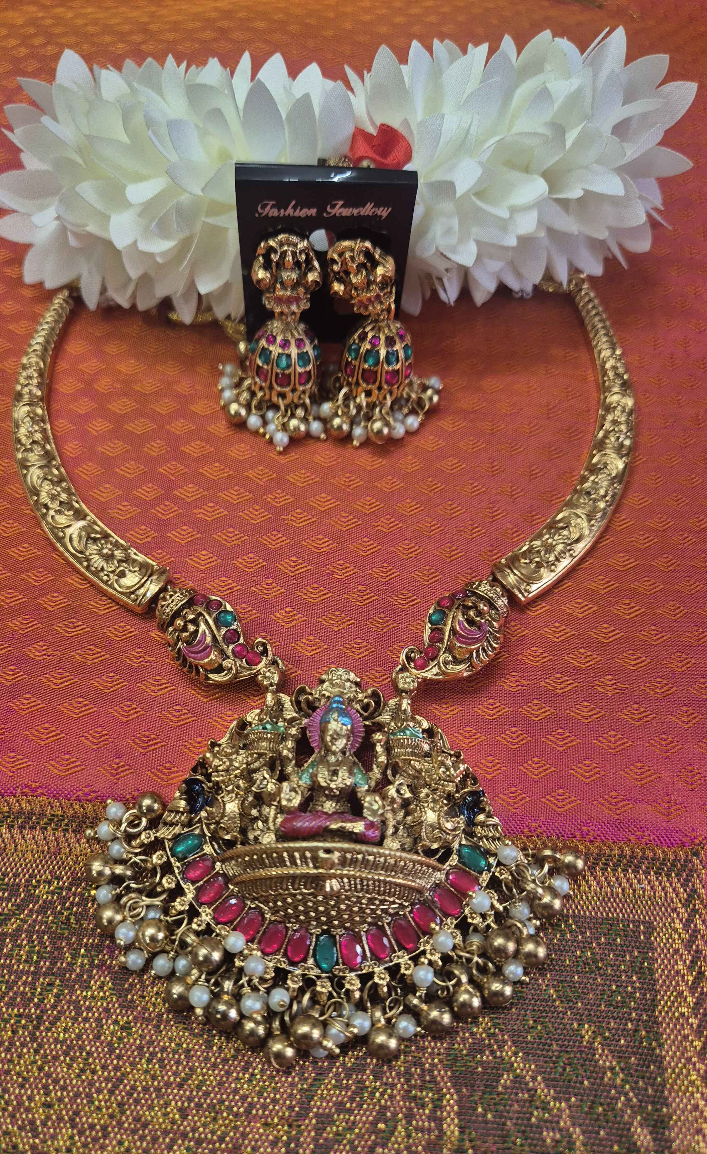 Antique Lakshmi Temple hasli Necklace Set with Ruby Emerald Stones & Pearl Jhumka Earrings