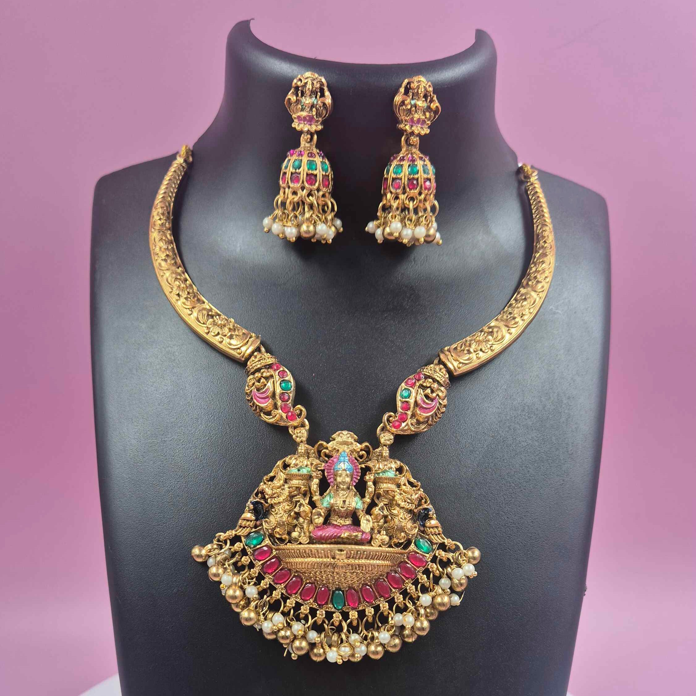 Antique Lakshmi Temple hasli Necklace Set with Ruby Emerald Stones & Pearl Jhumka Earrings
