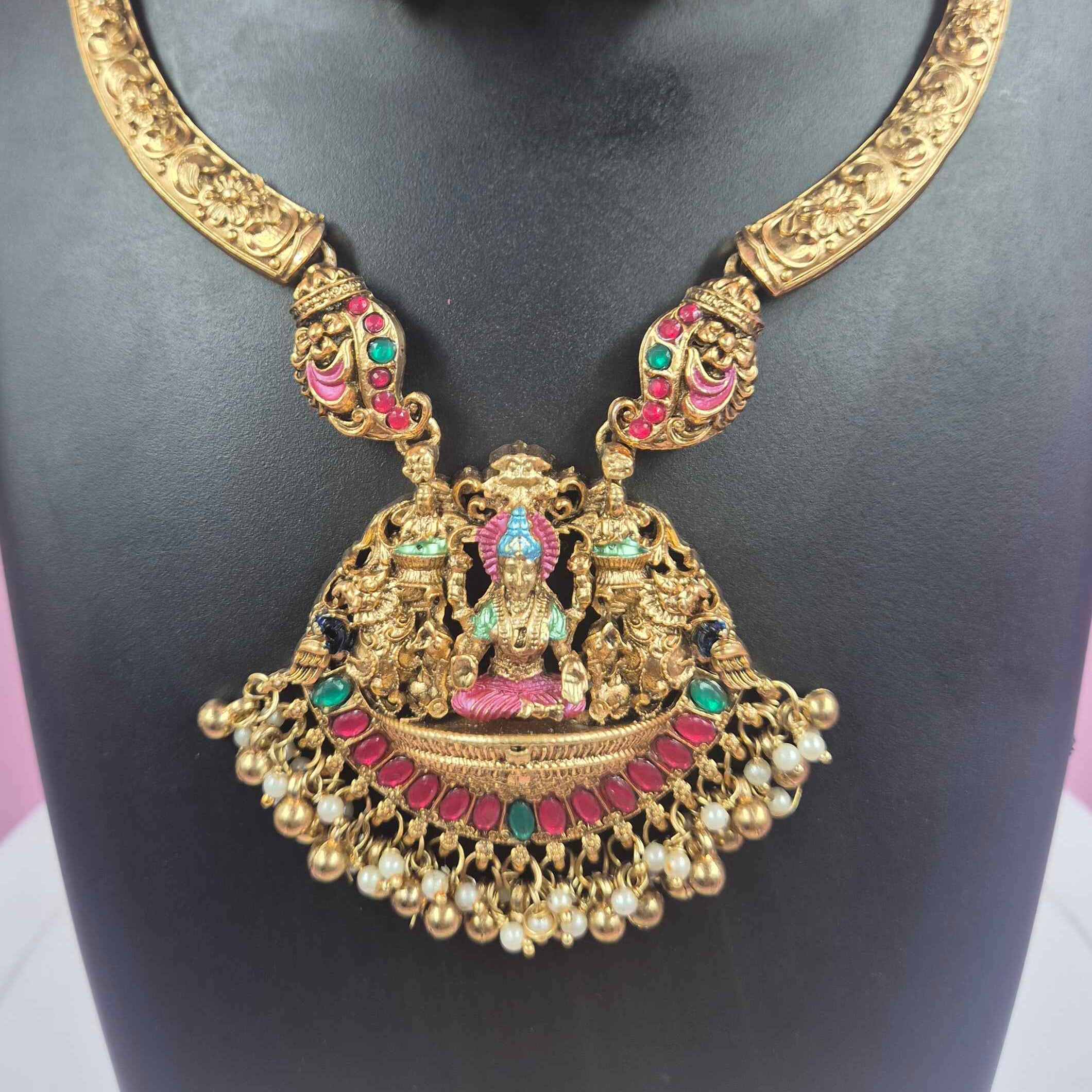 Antique Lakshmi Temple hasli Necklace Set with Ruby Emerald Stones & Pearl Jhumka Earrings