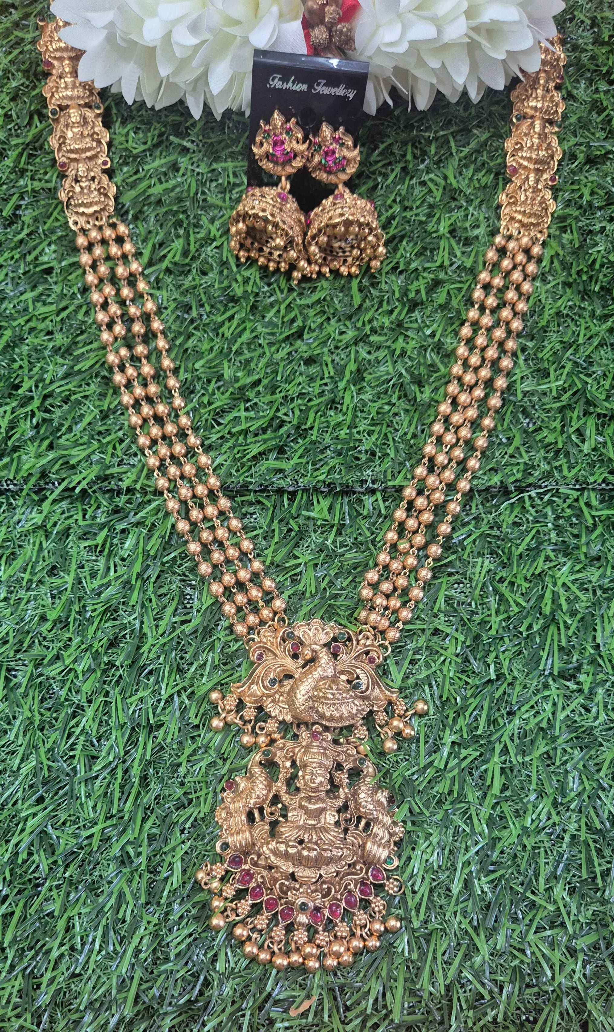 Antique Gold Peacock & Lakshmi Long Haram  Set with Temple Jhumka Earring