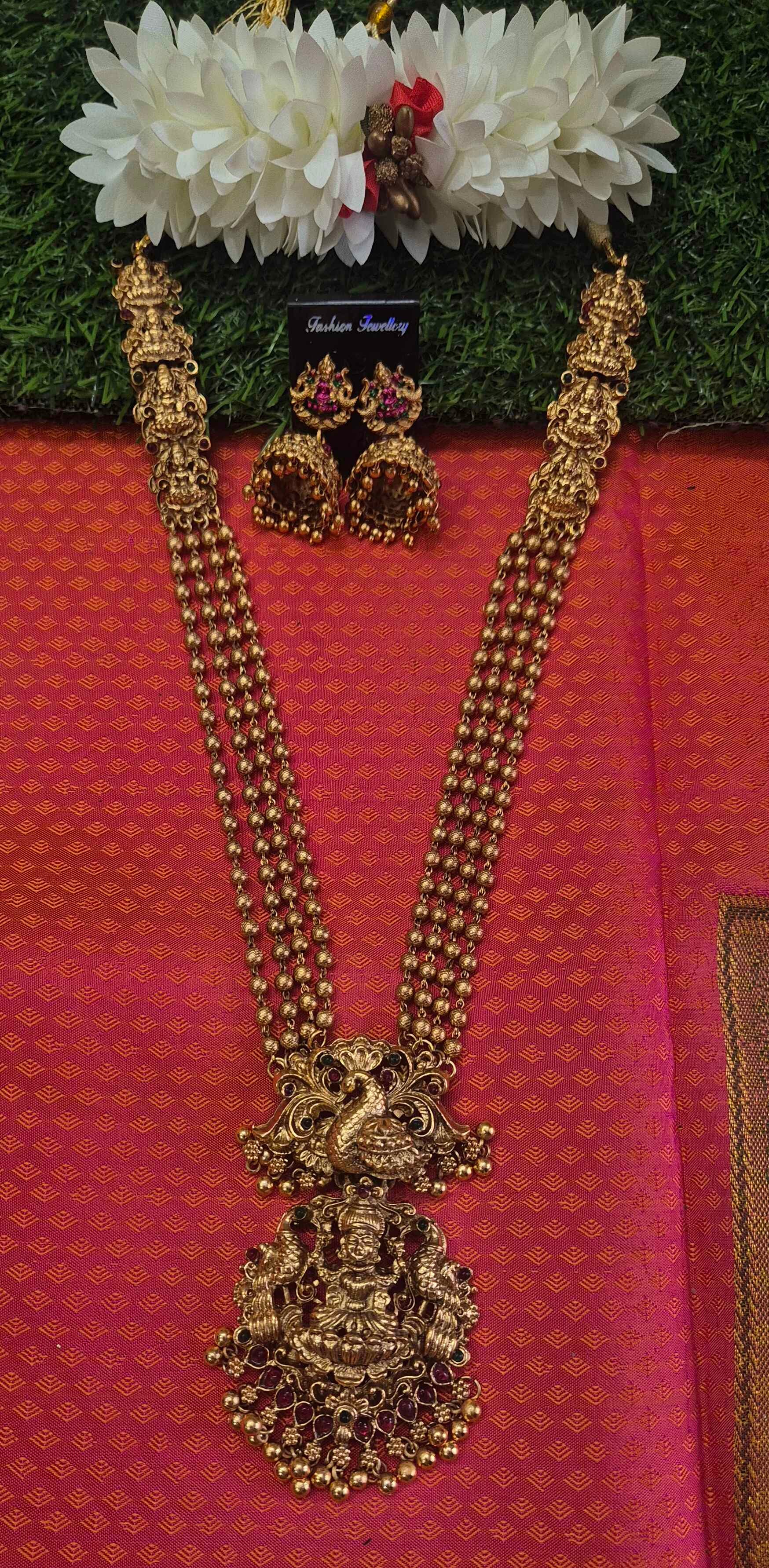 Antique Gold Peacock & Lakshmi Long Haram  Set with Temple Jhumka Earring