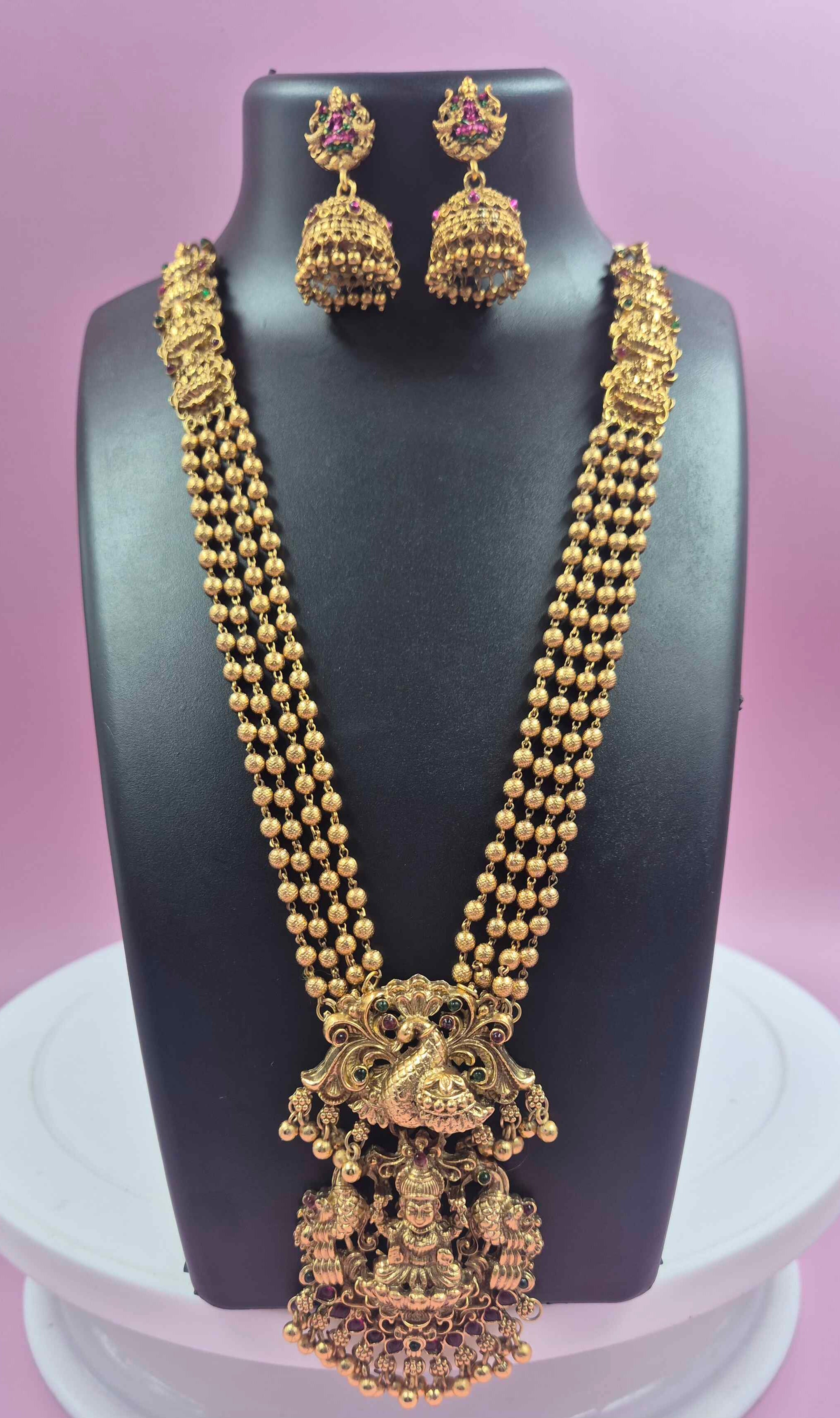 Antique Gold Peacock & Lakshmi Long Haram  Set with Temple Jhumka Earring