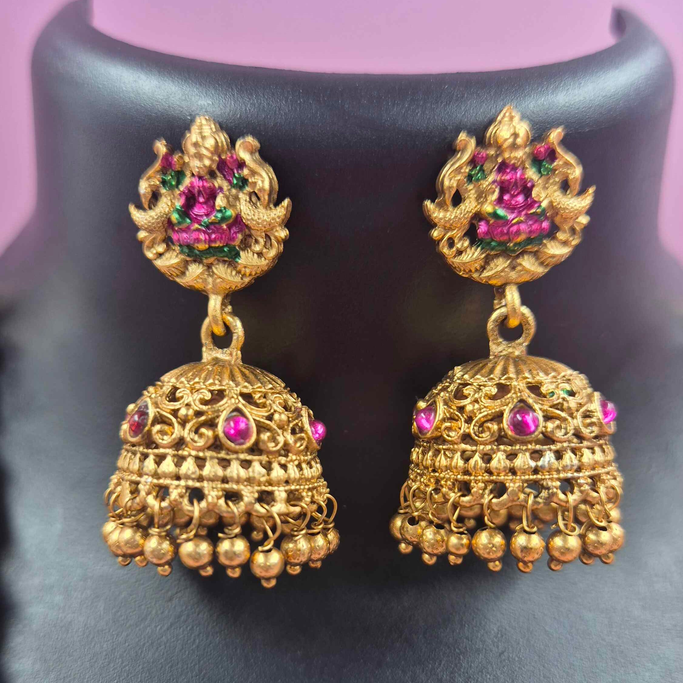 Antique Gold Peacock & Lakshmi Long Haram  Set with Temple Jhumka Earring