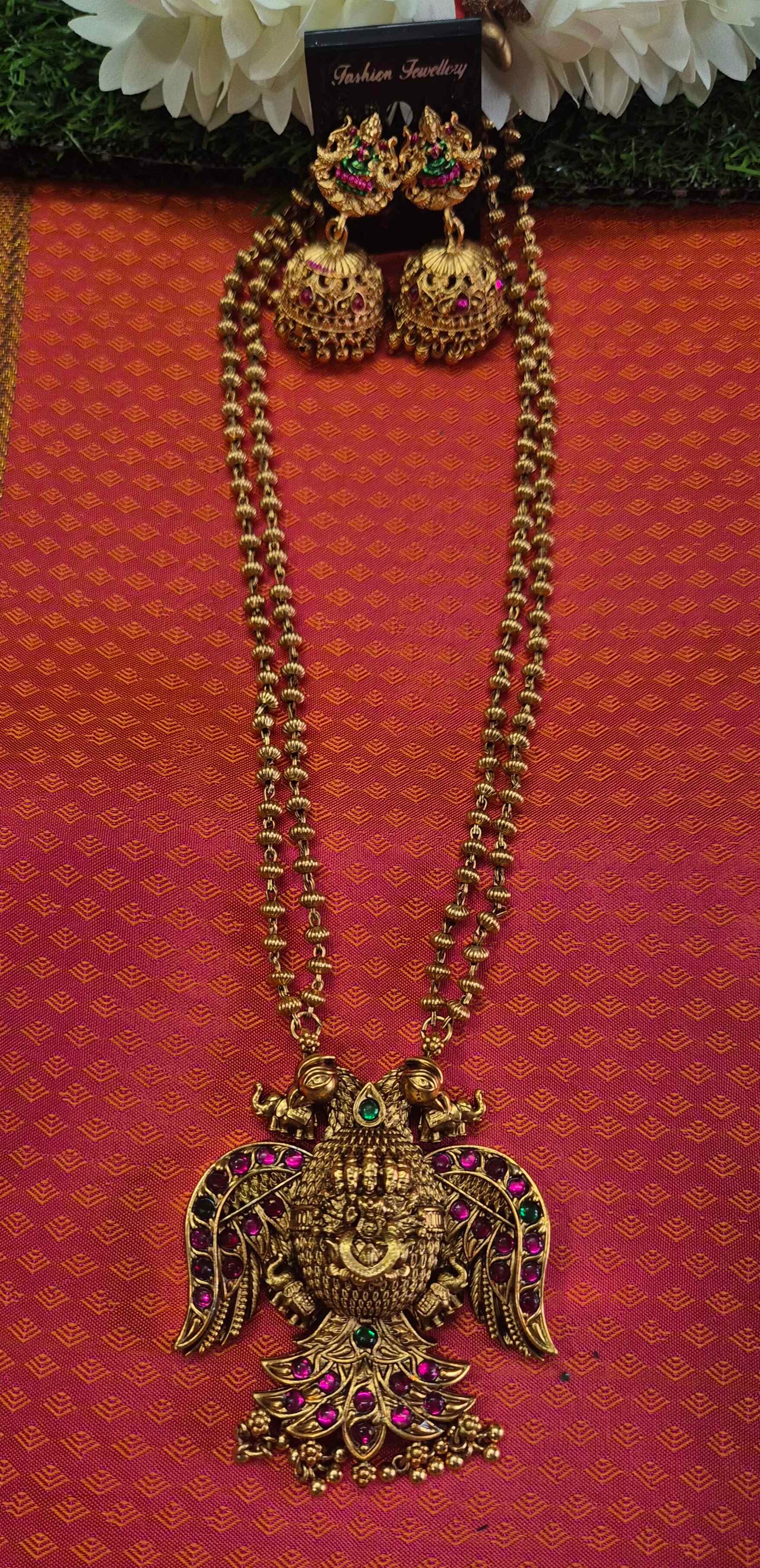 Garuda Pendant Long haram Set with Temple Jhumka Earrings