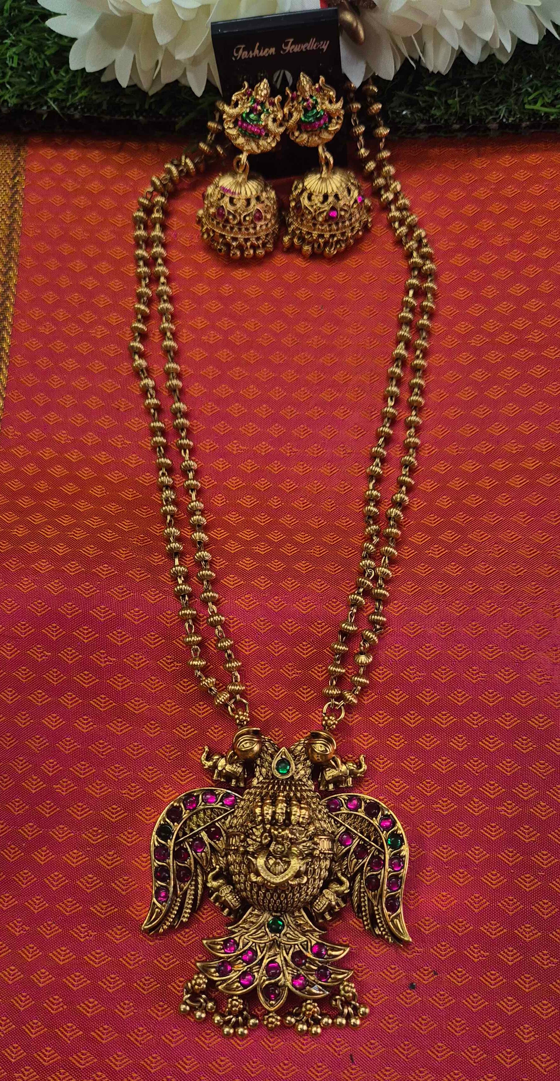 Garuda Pendant Long haram Set with Temple Jhumka Earrings