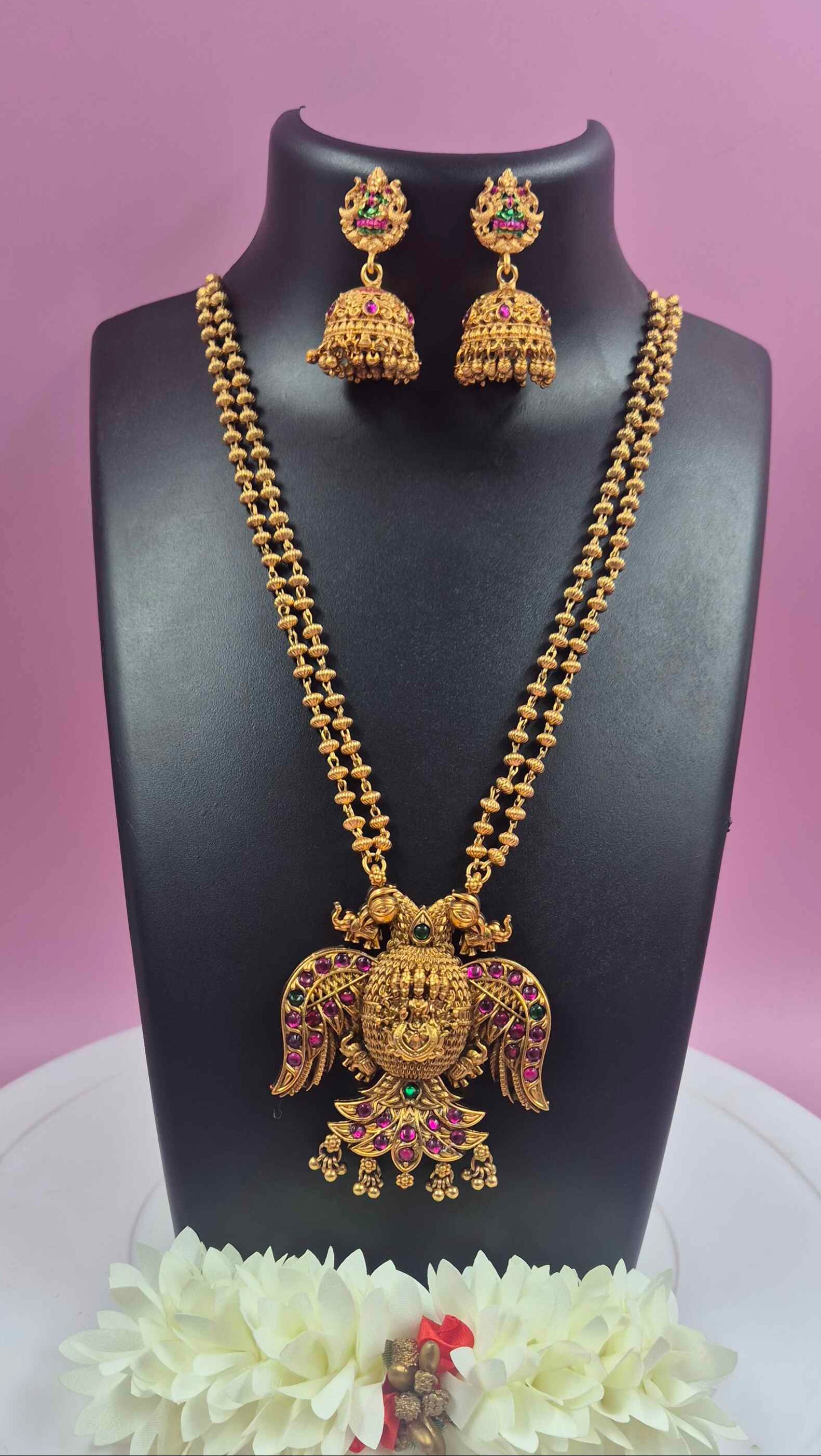 Garuda Pendant Long haram Set with Temple Jhumka Earrings