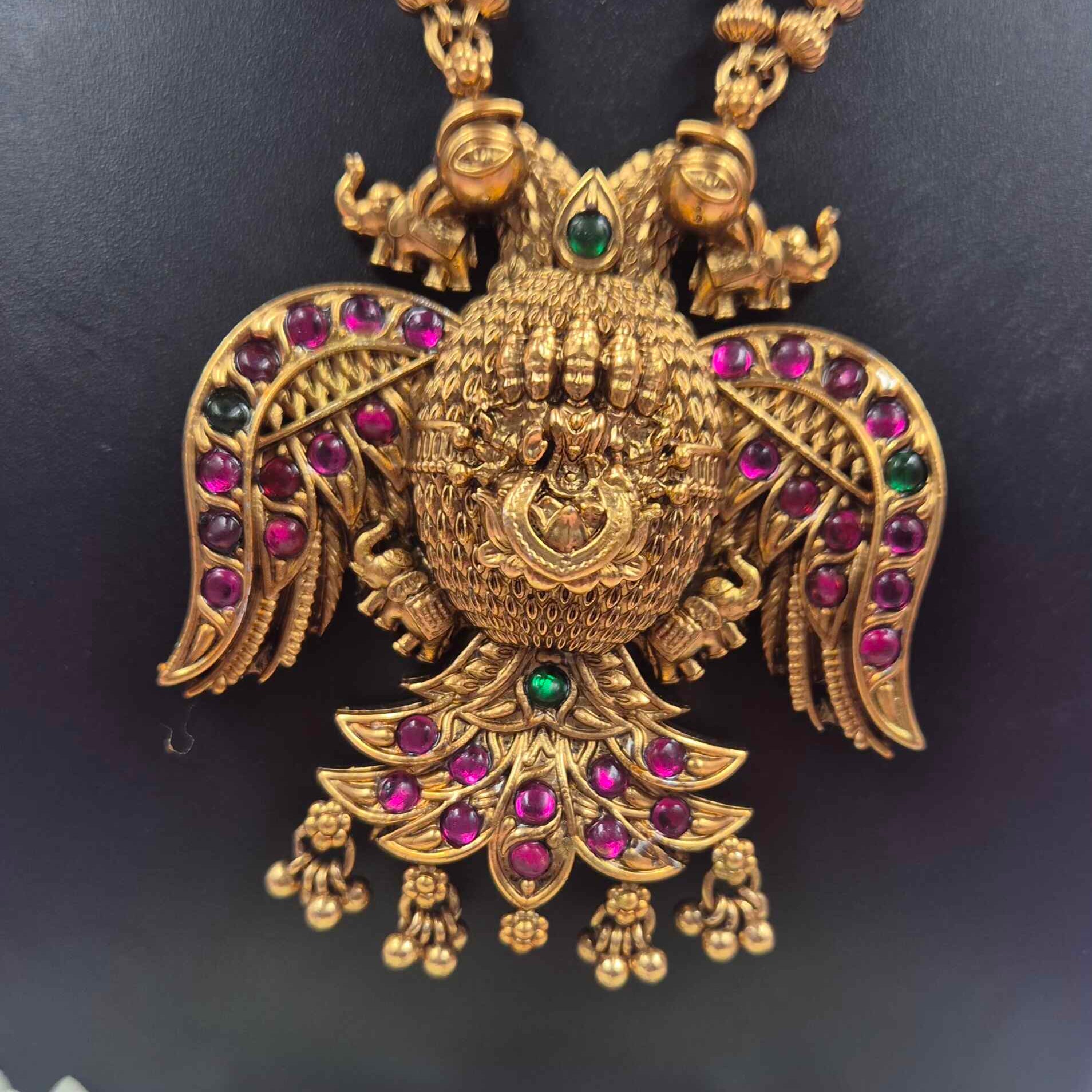 Garuda Pendant Long haram Set with Temple Jhumka Earrings