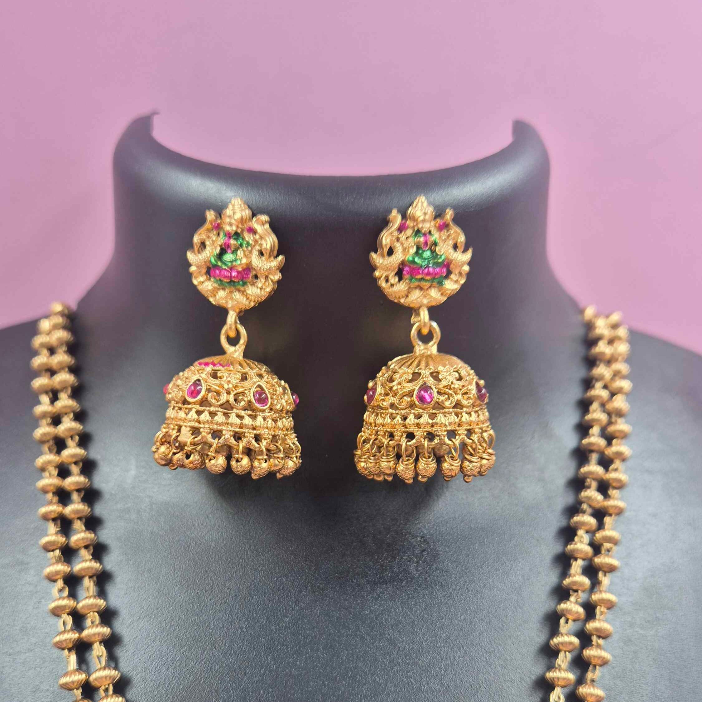 Garuda Pendant Long haram Set with Temple Jhumka Earrings