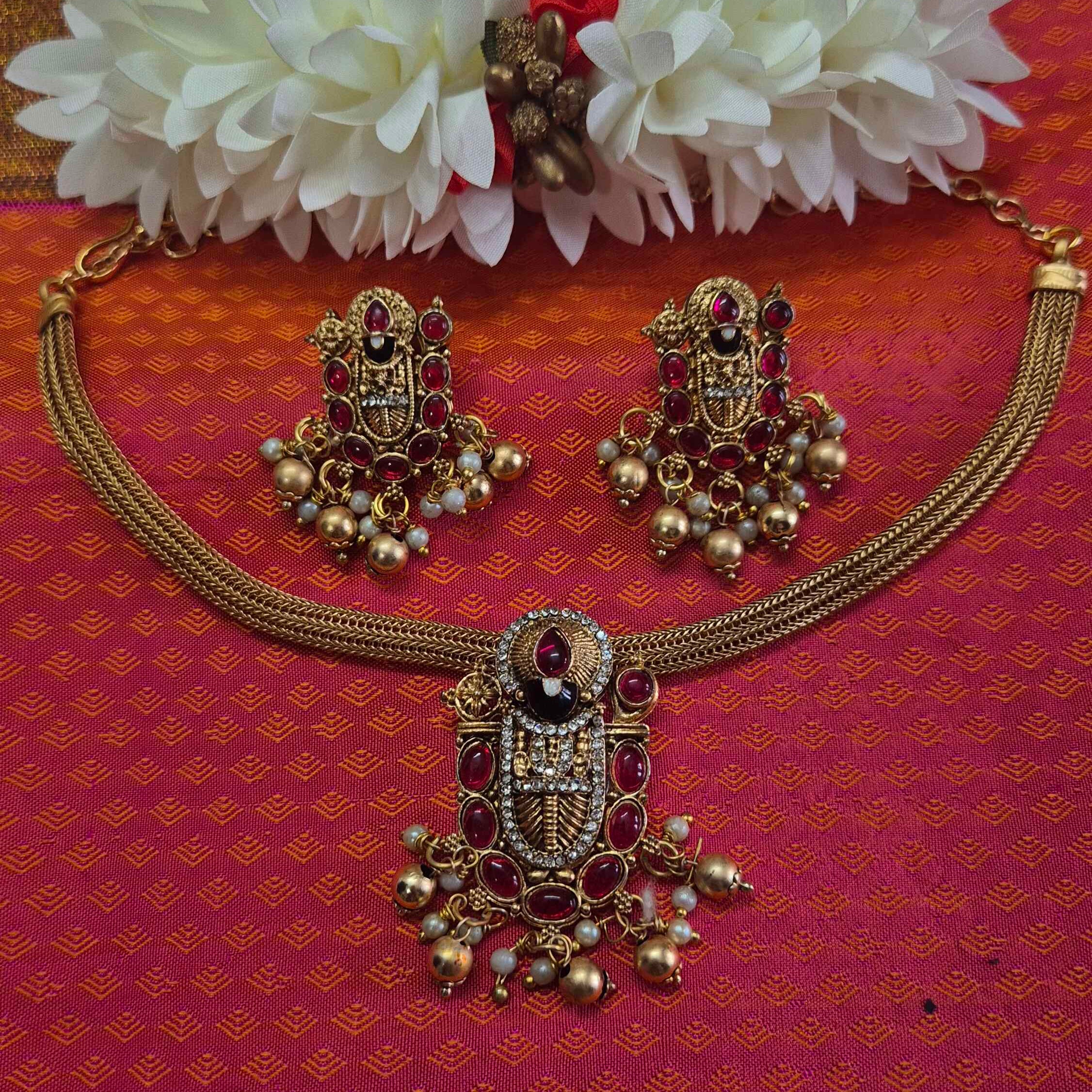 Tirupati Balaji Pendant Attigai Necklace Set with Ruby Stones & Pearl Danglers