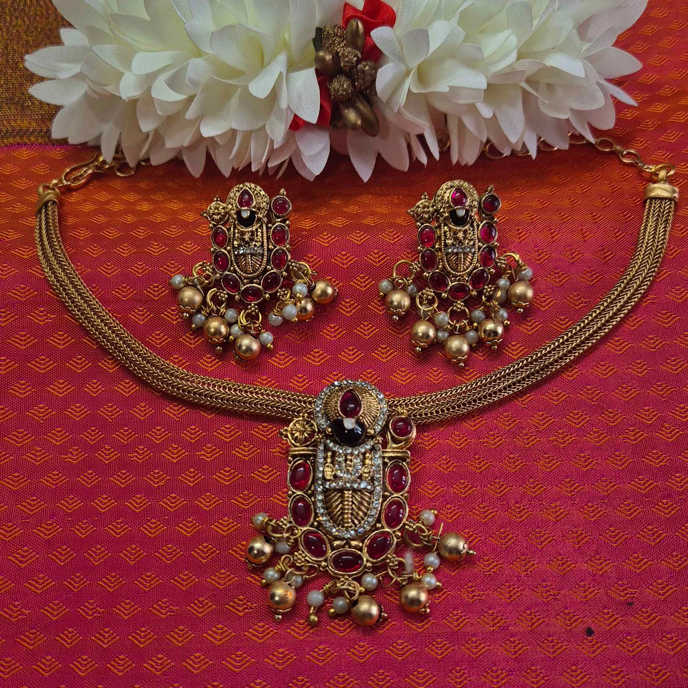 Tirupati Balaji Pendant Attigai Necklace Set with Ruby Stones & Pearl Danglers
