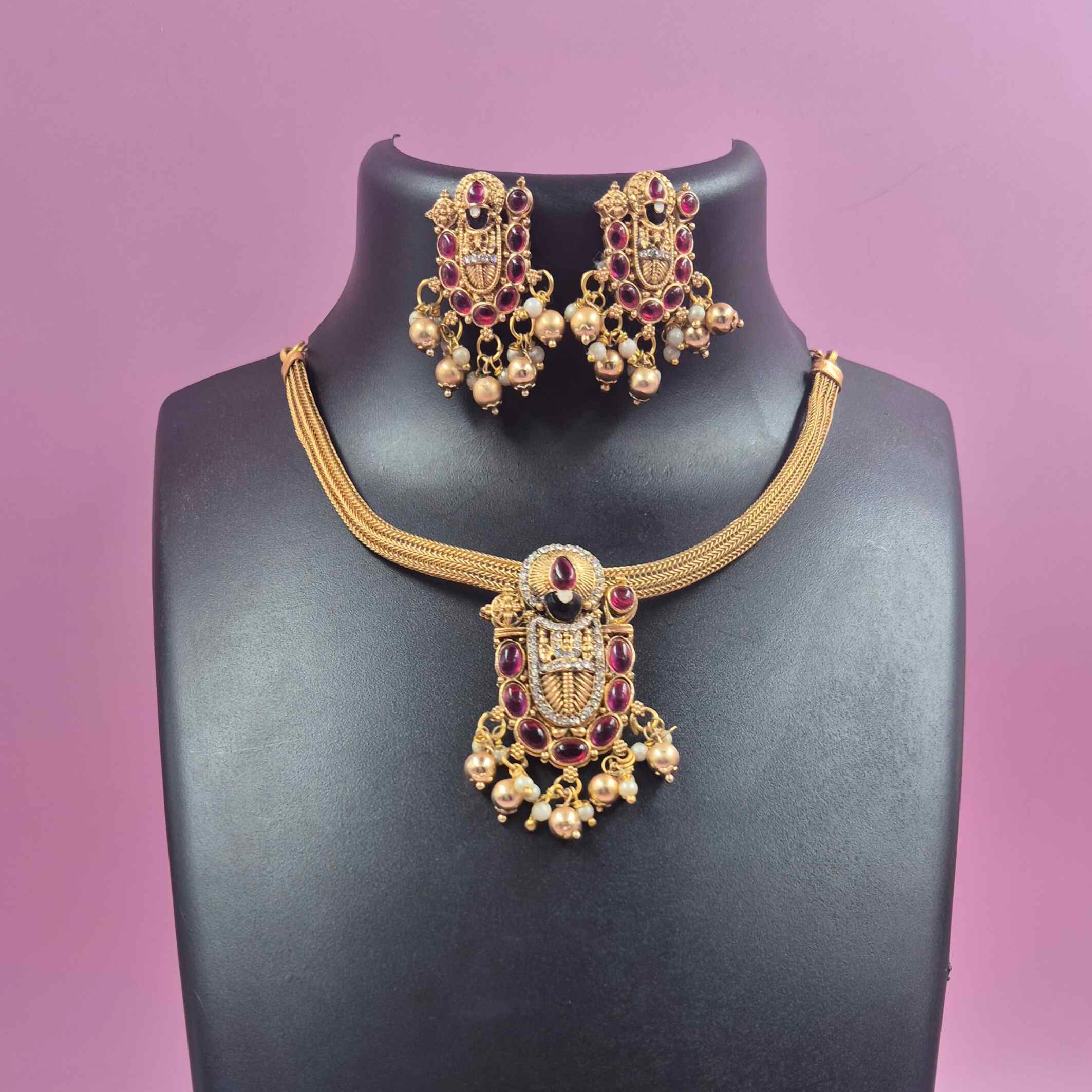 Tirupati Balaji Pendant Attigai Necklace Set with Ruby Stones & Pearl Danglers