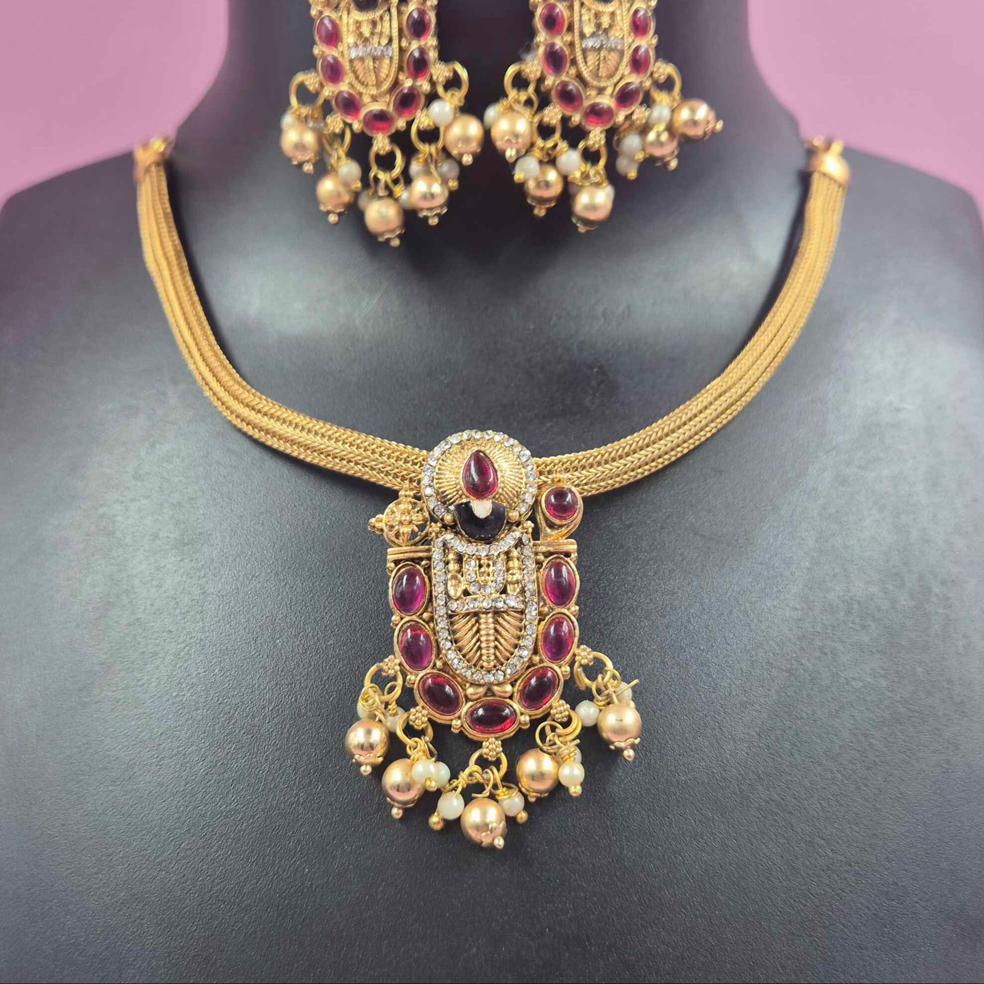 Tirupati Balaji Pendant Attigai Necklace Set with Ruby Stones & Pearl Danglers
