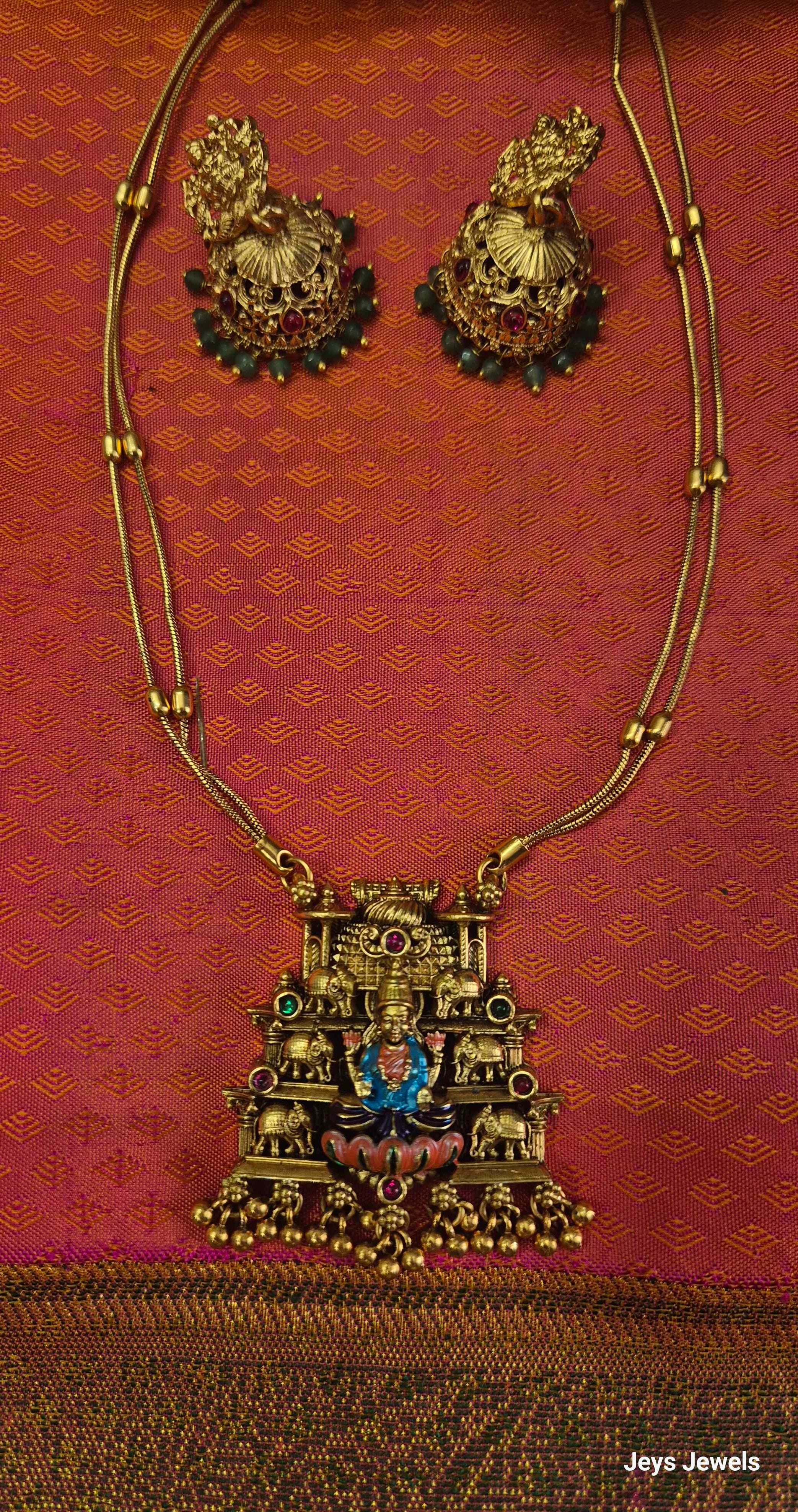 Lakshmi Temple Pendant Set with double chain and Green Bead Jhumka Earrings