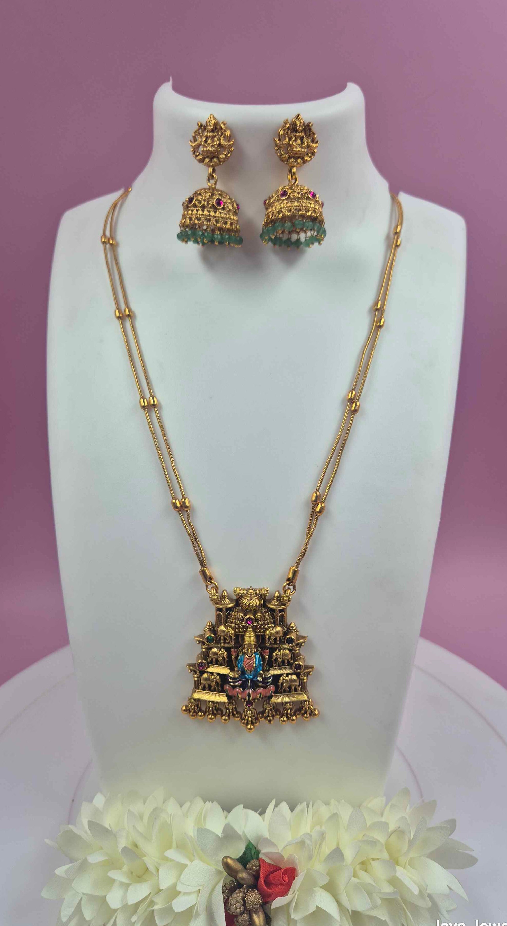 Lakshmi Temple Pendant Set with double chain and Green Bead Jhumka Earrings