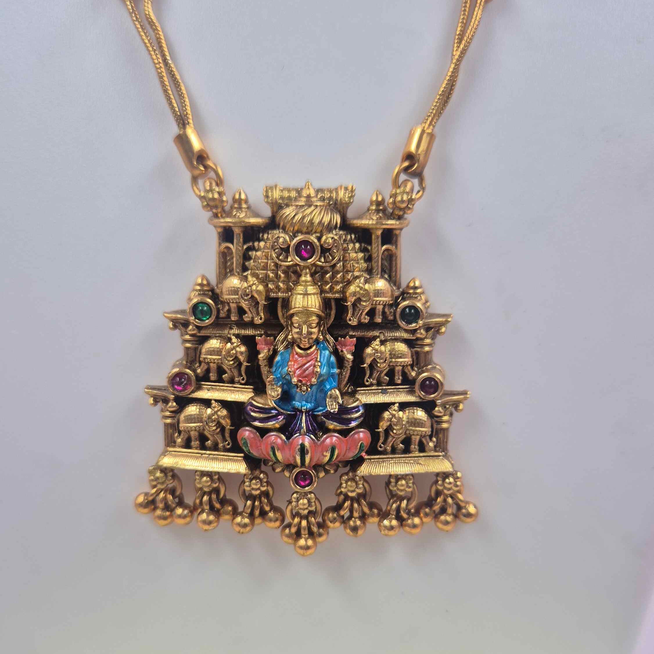 Lakshmi Temple Pendant Set with double chain and Green Bead Jhumka Earrings