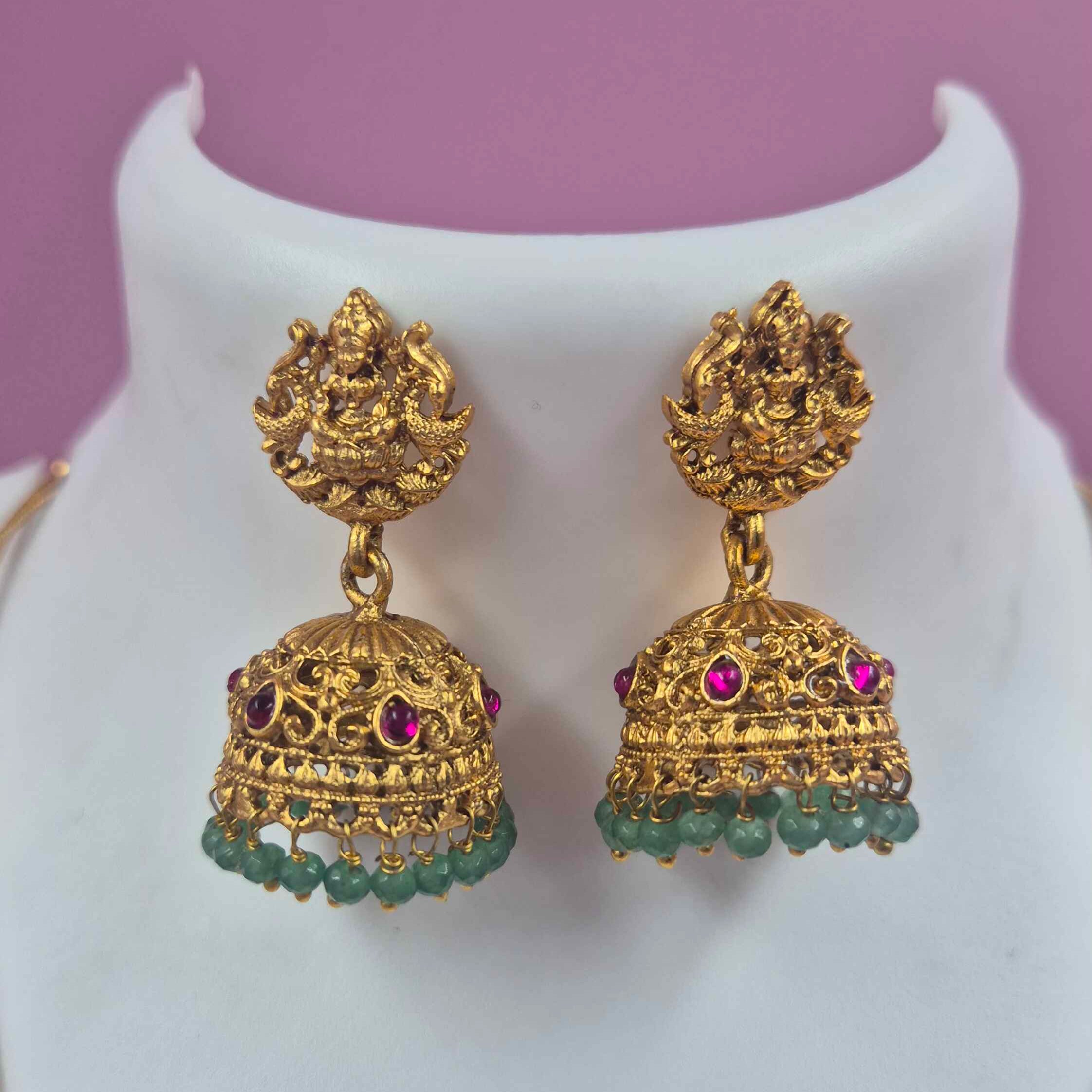 Lakshmi Temple Pendant Set with double chain and Green Bead Jhumka Earrings