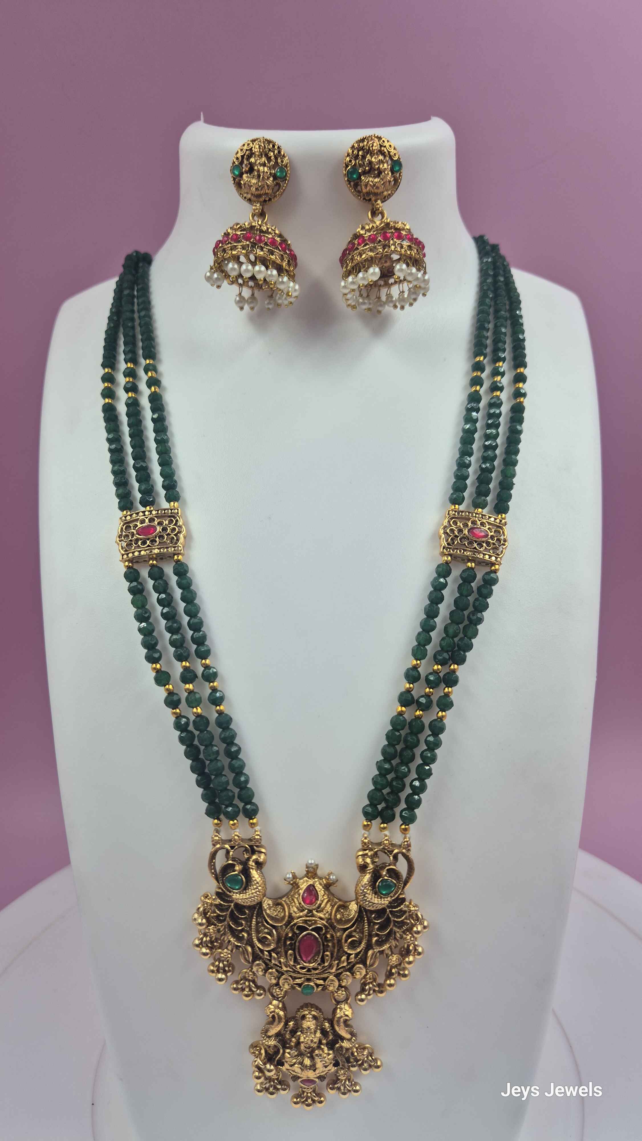 Gold Peacock Lakshmi Pendant Green crystals Haram  Set with Jhumka Earrings