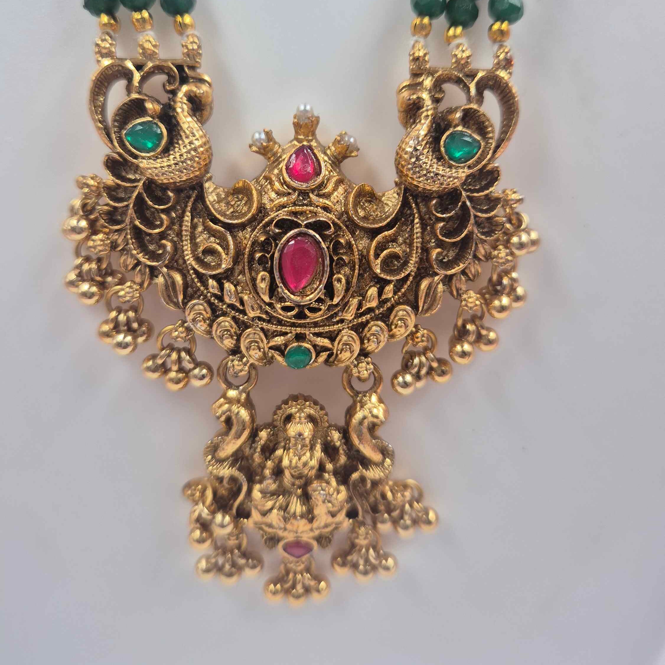 Gold Peacock Lakshmi Pendant Green crystals Haram  Set with Jhumka Earrings
