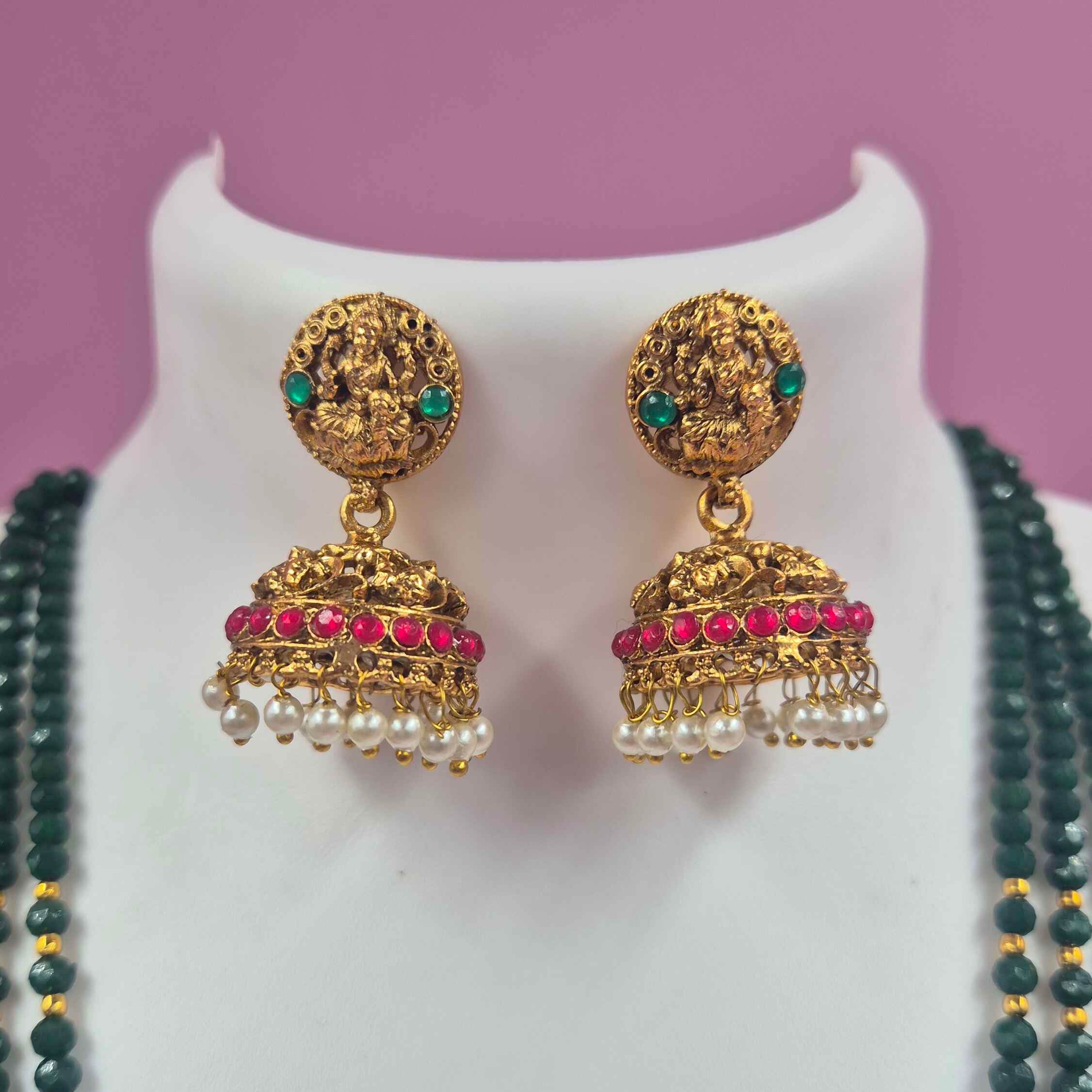 Gold Peacock Lakshmi Pendant Green crystals Haram  Set with Jhumka Earrings