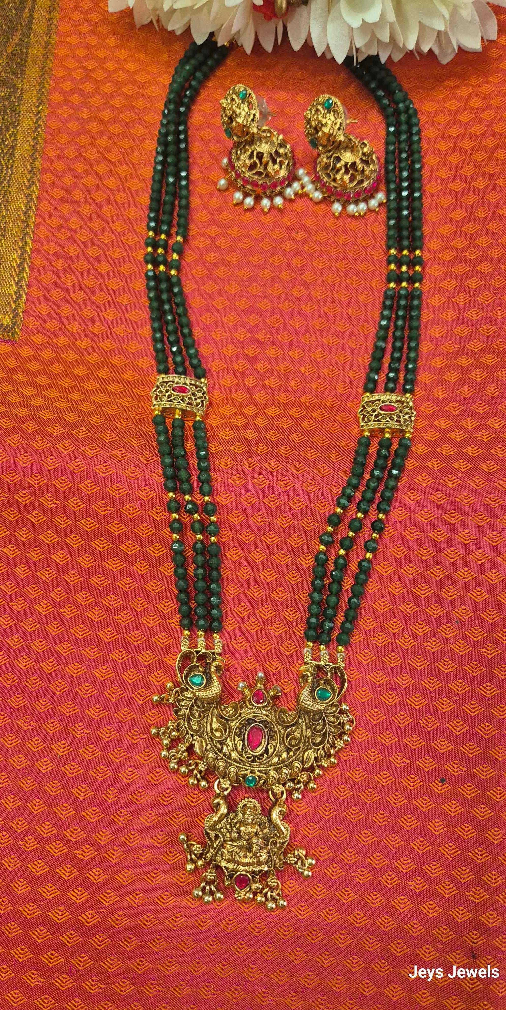 Gold Peacock Lakshmi Pendant Green crystals Haram  Set with Jhumka Earrings