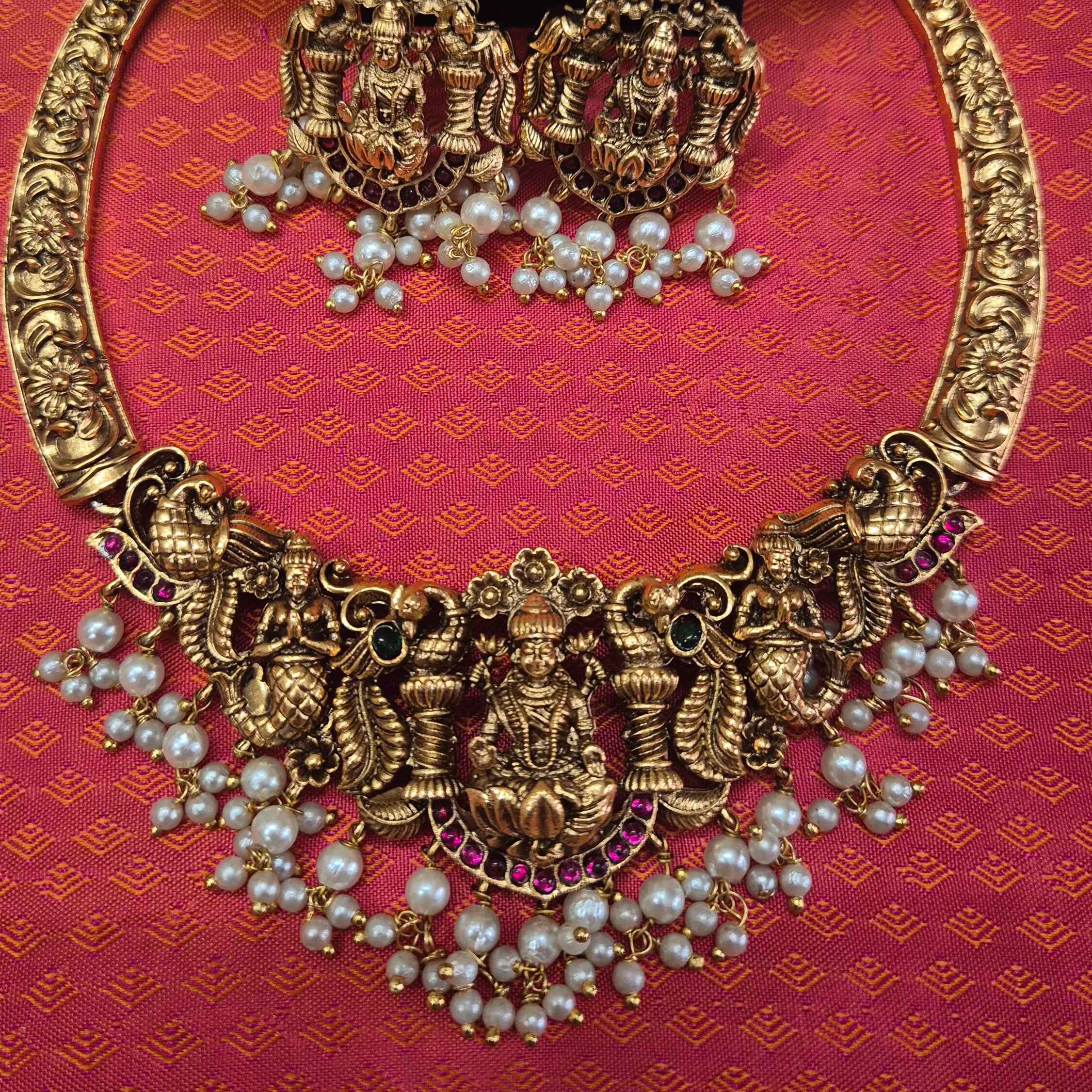 Antique Gold Lakshmi Temple Choker Necklace-Hasli model Set with Pearl Drops & Matching Earrings