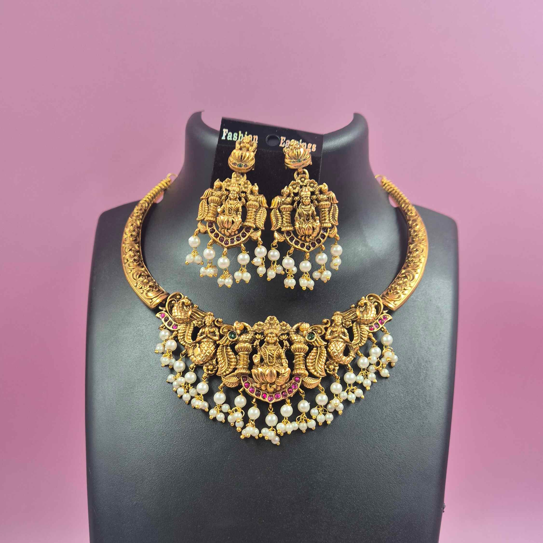 Antique Gold Lakshmi Temple Choker Necklace-Hasli model Set with Pearl Drops & Matching Earrings