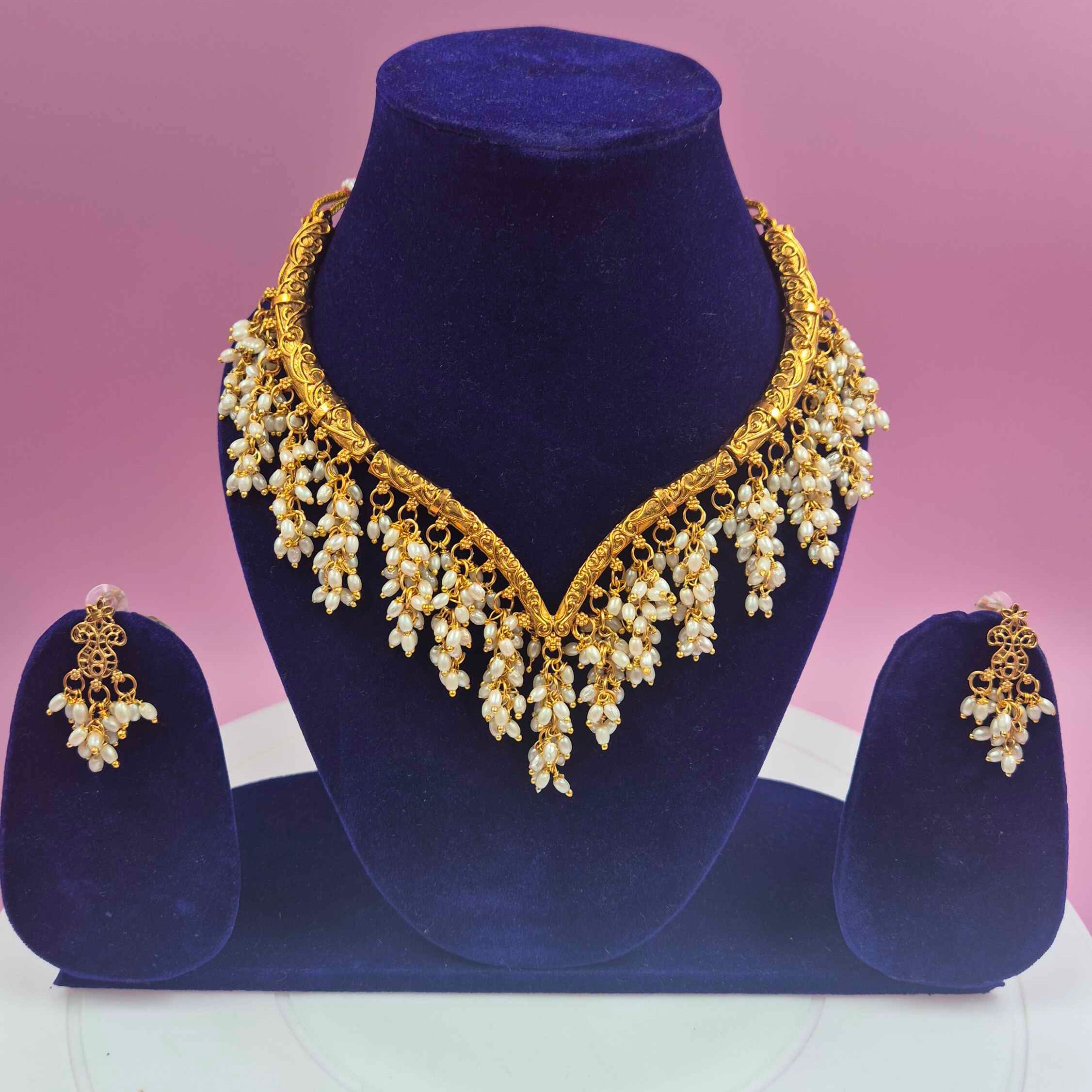 Antique Gold Pearl Fringe V-Shaped Choker Necklace Set with Matching Dangle Earrings