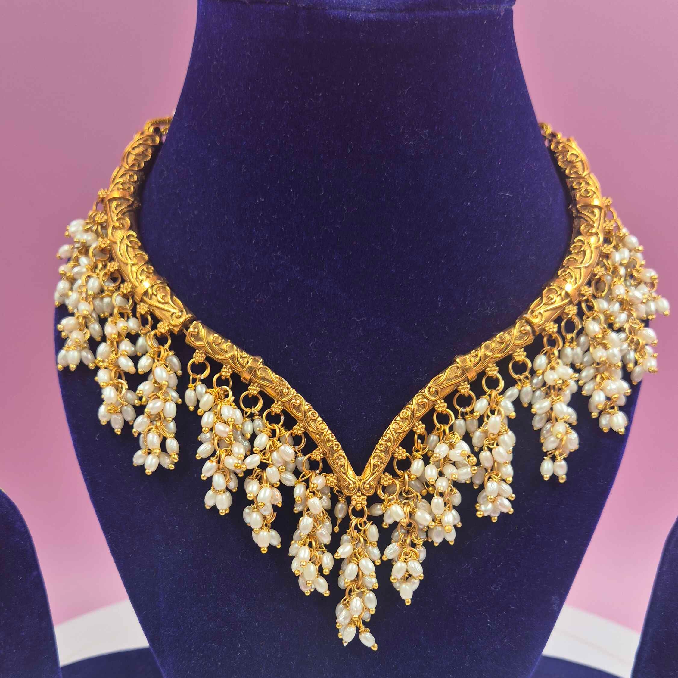 Antique Gold Pearl Fringe V-Shaped Choker Necklace Set with Matching Dangle Earrings
