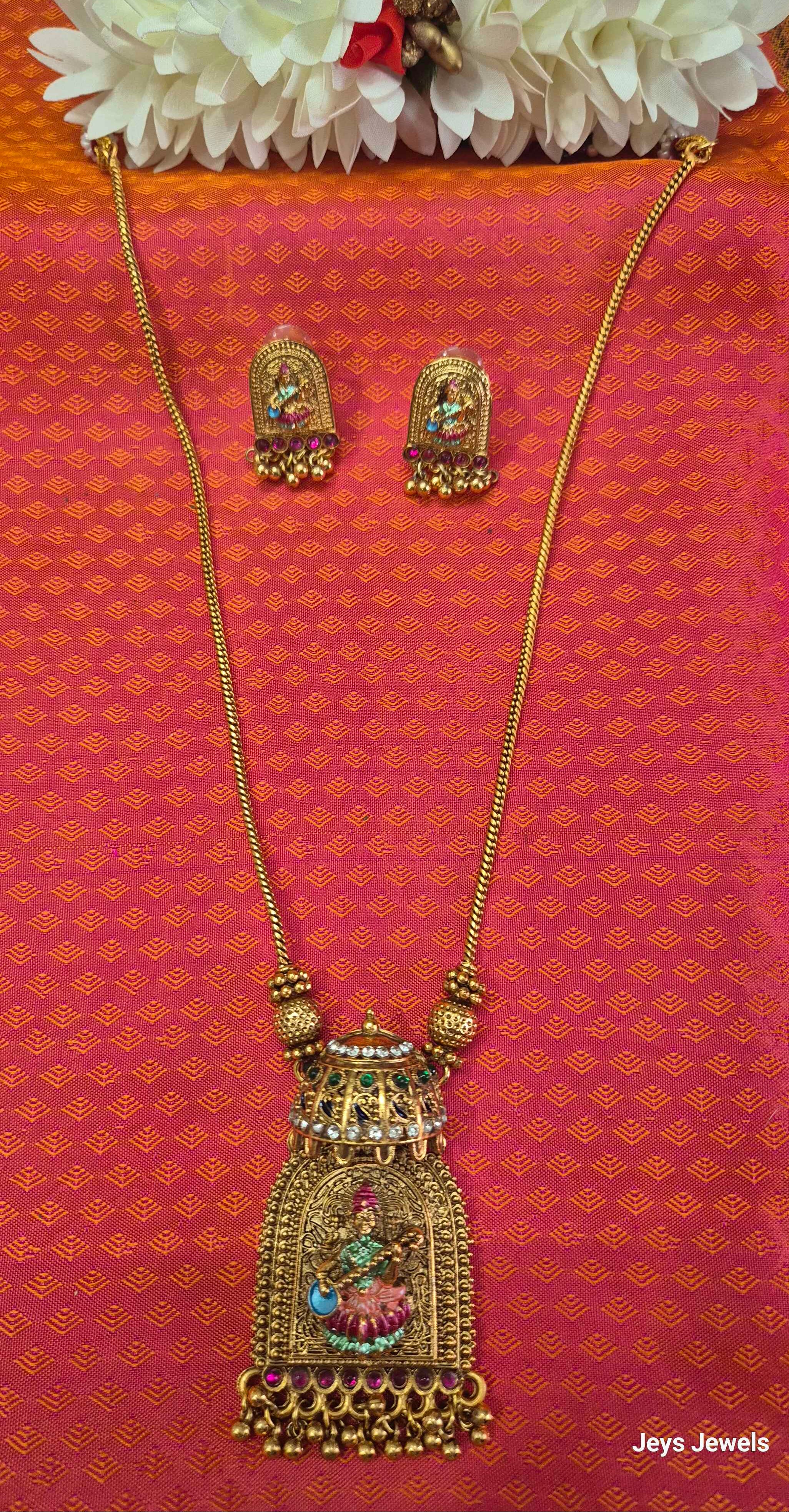 Antique Gold Saraswati Temple Long chain Set with Designer Pendant & Matching Earrings