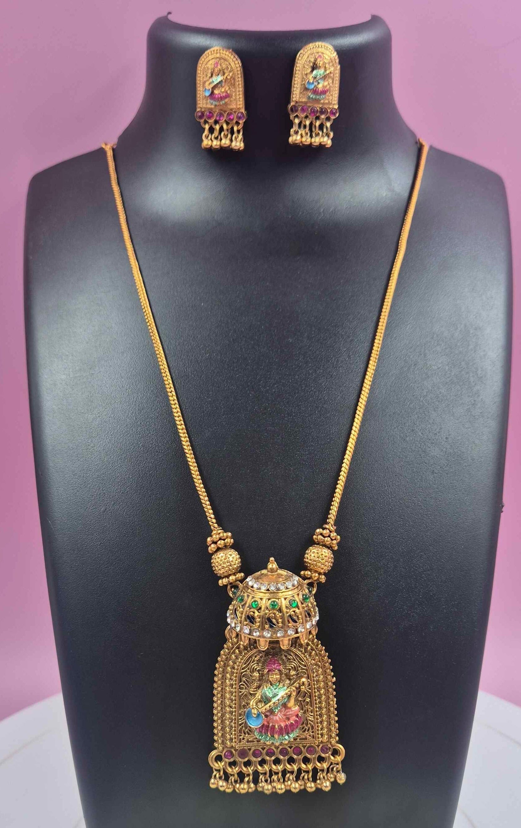 Antique Gold Saraswati Temple Long chain Set with Designer Pendant & Matching Earrings